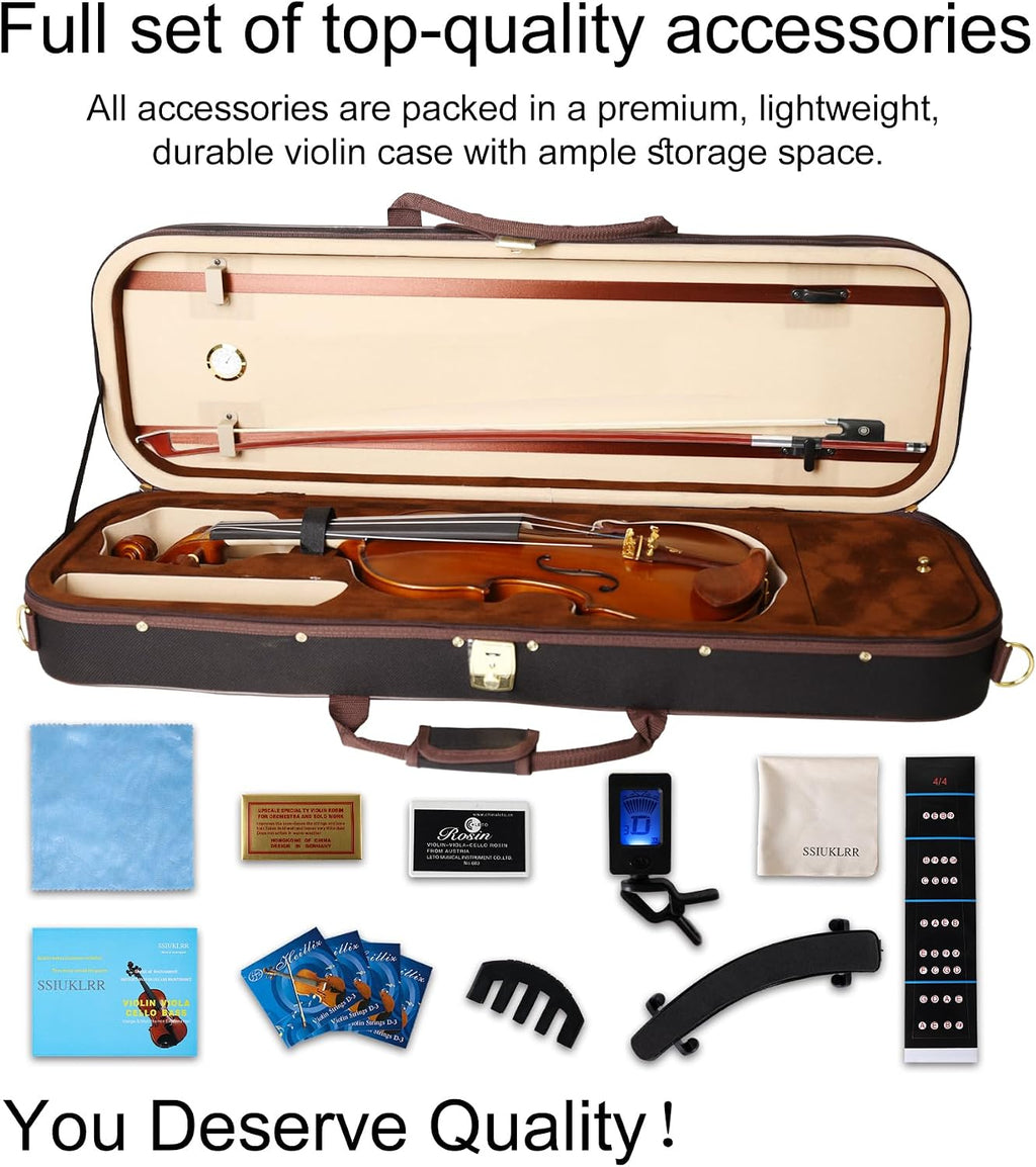 Violin 4/4 Full Size Complete Set for Adults Teenagers Students,Solid Maple Wood Violins with Rosewood Fittings,Case,Spare strings,Bow, Rosin, Shoulder Rest,Professional Violin for 11+years Gift