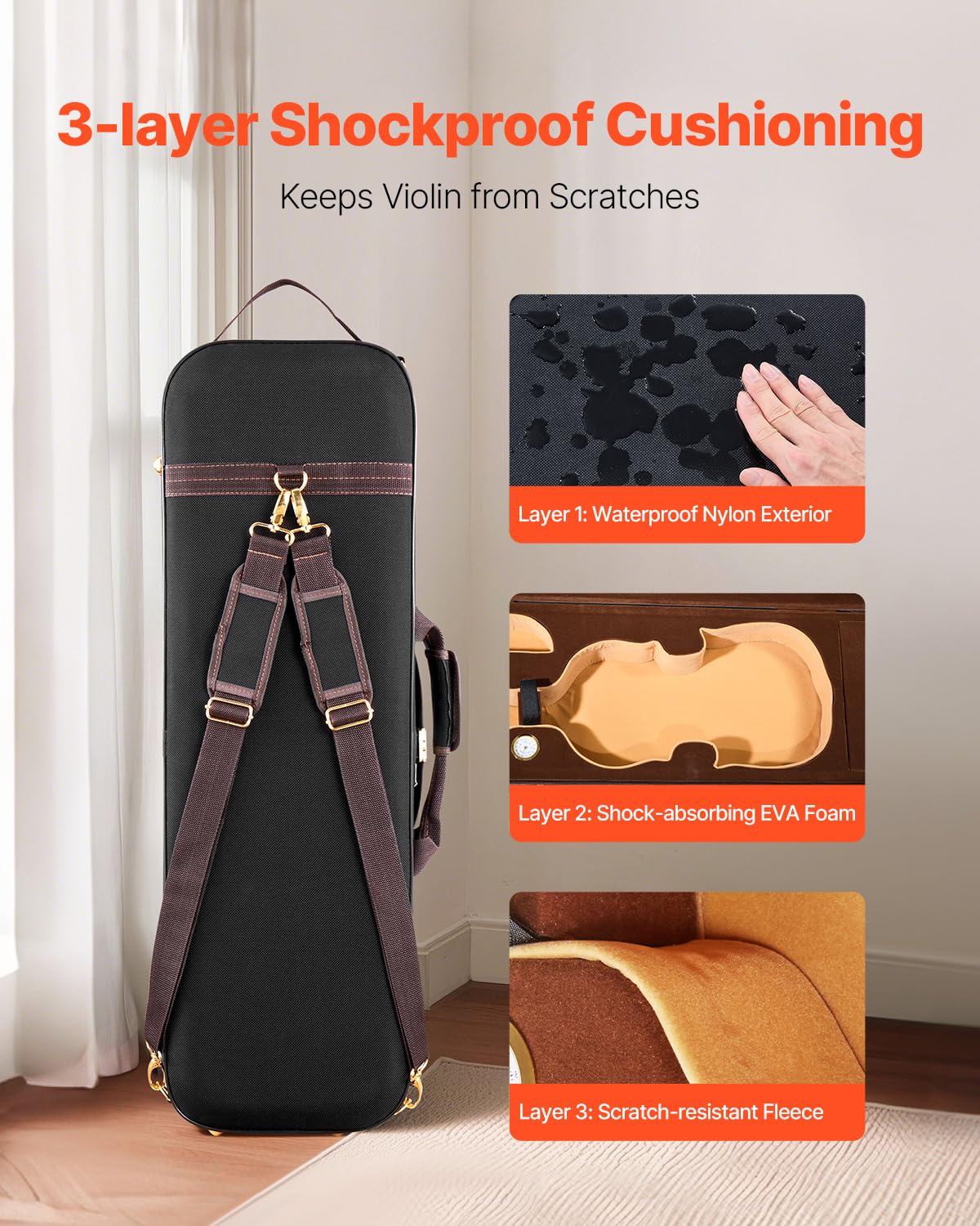 VEVOR 4/4 Full Size Violin Case, Built-in Hygrometer, Lightweight Portable Travel Carrying Bag, with Plush Lining, Dual Shoulder Straps, Anti-Scratch, Professional Triangular Shape, for Violin, Black