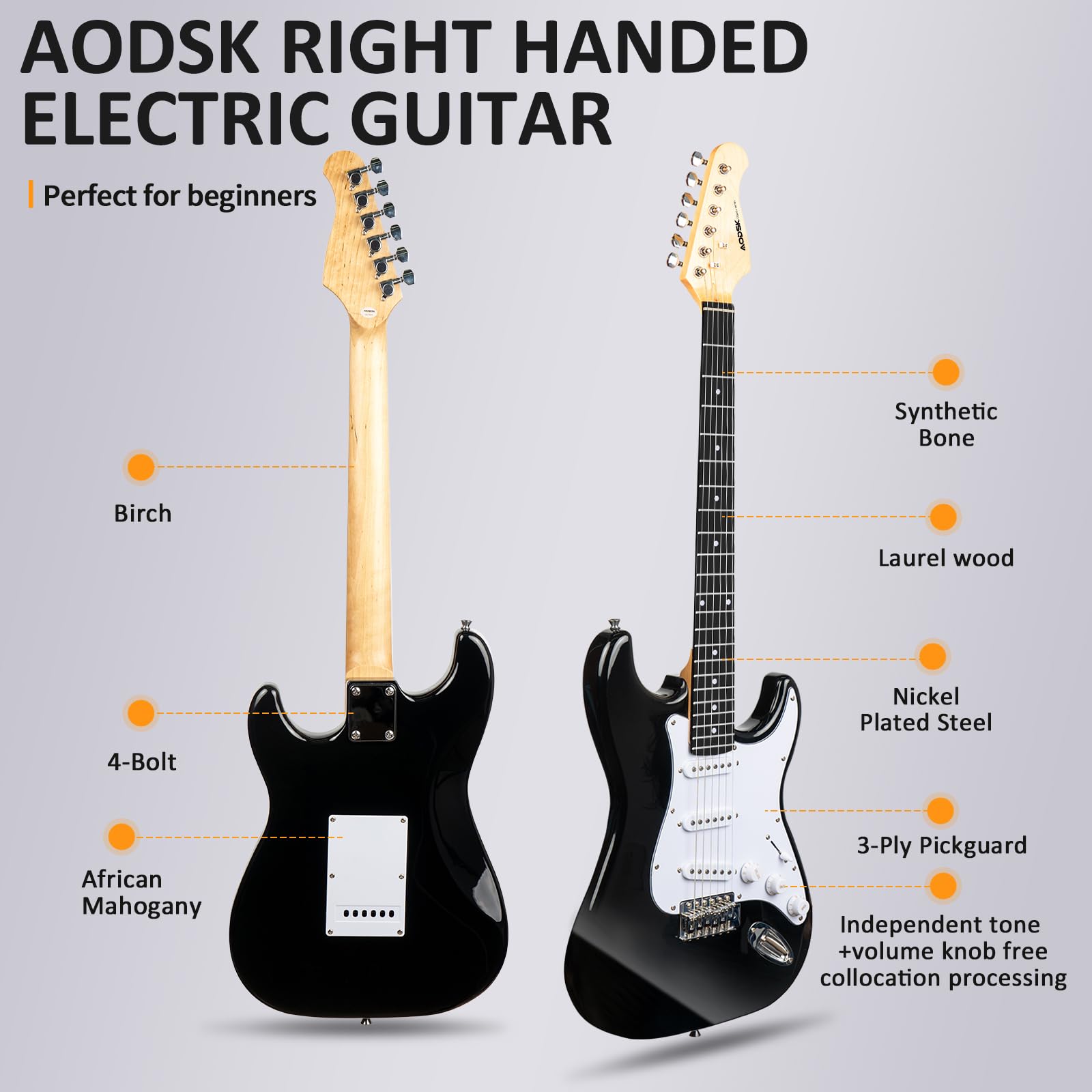 AODSK Electric Guitar with Amp Beginner Kit 39 Inch Solid Body Full Size,All Accessories,Digital Tuner,Six Strings,Four Picks,Tremolo Bar,Strap,Gig Bag,Starter kit (Blue-HSS)