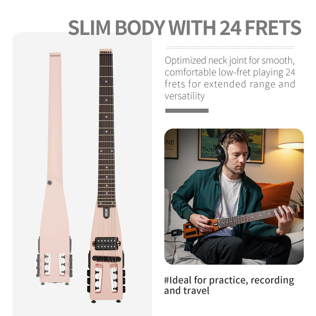 Anygig Travel Electric Guitar Headless – Portable Ultra-Light and Quiet, Full-Scale 25.5” Rosewood Fingerboard, Glow Humbucker, Gig Bag, Removable Stands for Left and Right Black
