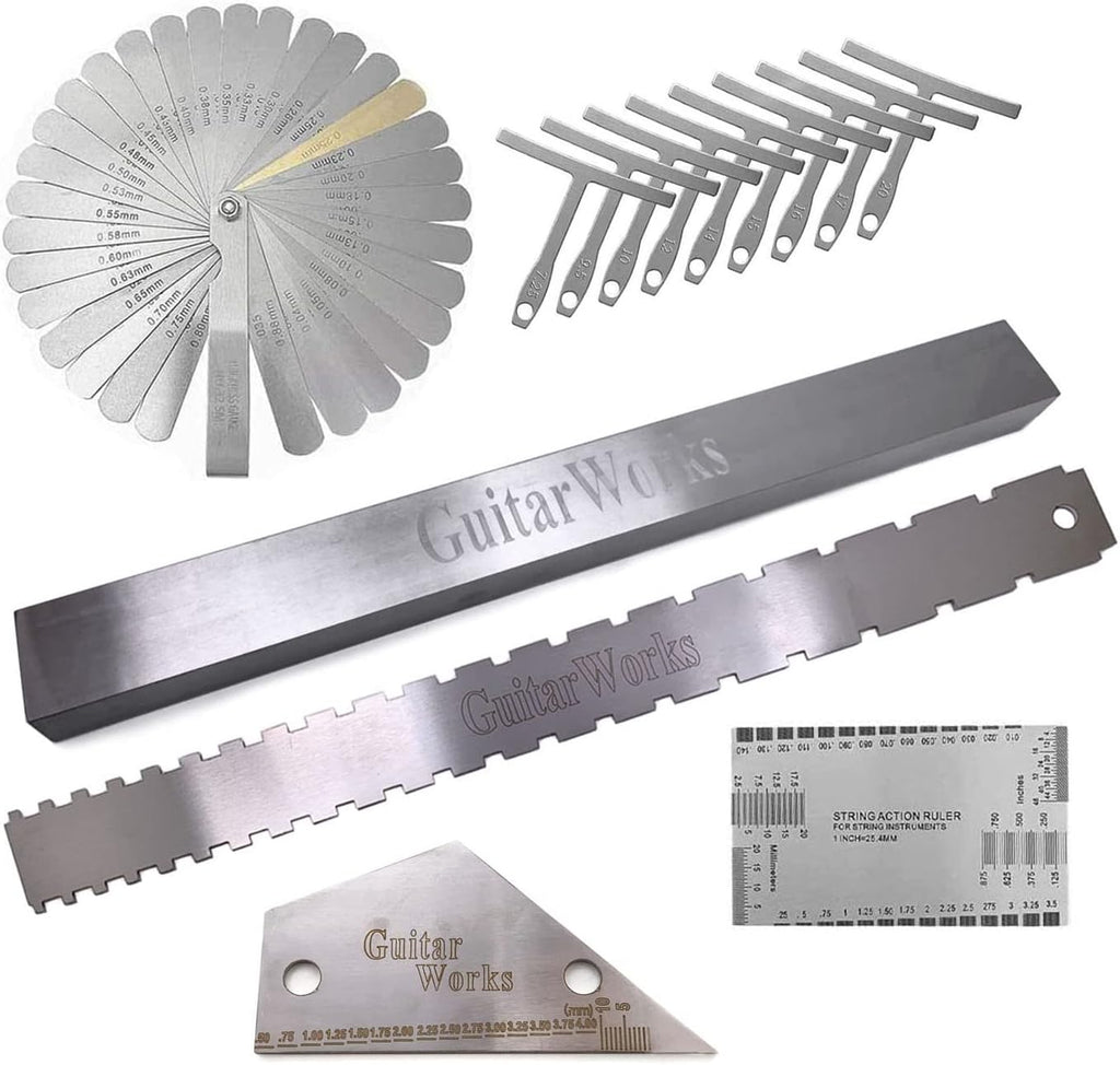 14 Pieces Guitar Luthier Tools Set Guitar Radius Gauge Neck Straight Edge String Action Gauge Ruler Feeler Gauge Fret Rocker Fret Leveling Beam Set Up Tool for Guitar Fretboard and Frets