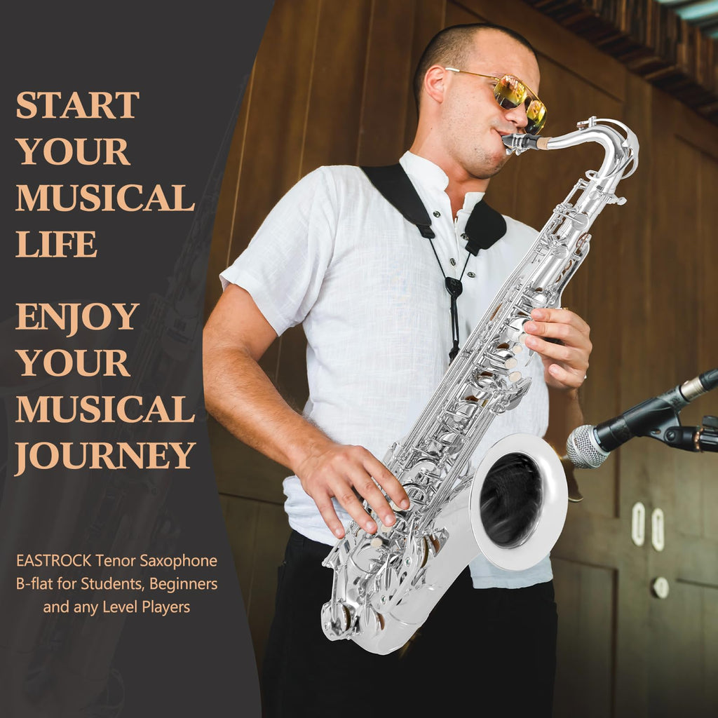 EASTROCK Nickel Tenor Saxophone B Flat Tenor Sax Professional Tenor Saxophone for Beginners Students and Musicians with Carrying Case,Mouthpiece,Reeds,Cushion Pads,Cleaning Kit,Neck Strap