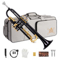 STRICH Bb Standard Trumpet Set for Beginners, Brass Student Trumpet Instrument with Hard Case, Cleaning Kit, 7C & 3C Mouthpieces, Gloves - STR-1G, Gold