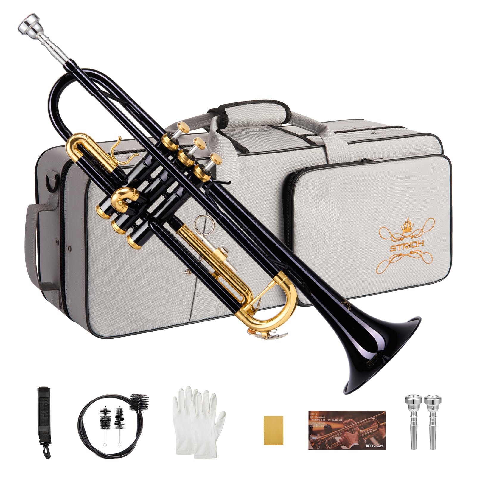 STRICH Bb Standard Trumpet Set for Beginners, Brass Student Trumpet Instrument with Hard Case, Cleaning Kit, 7C & 3C Mouthpieces, Gloves - STR-1G, Gold