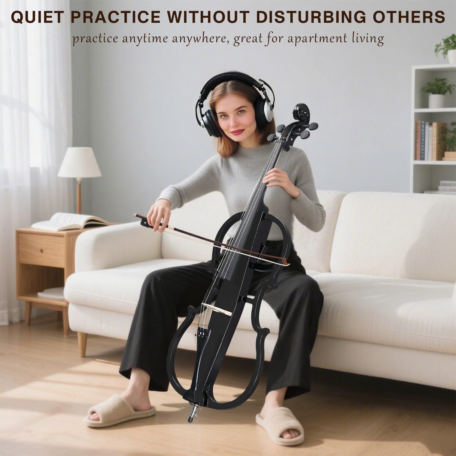Electric Cello, Full Size Silent Practice Cello with Headphone Jack & Carry Bag, Professional Cello for Beginners/Adults
