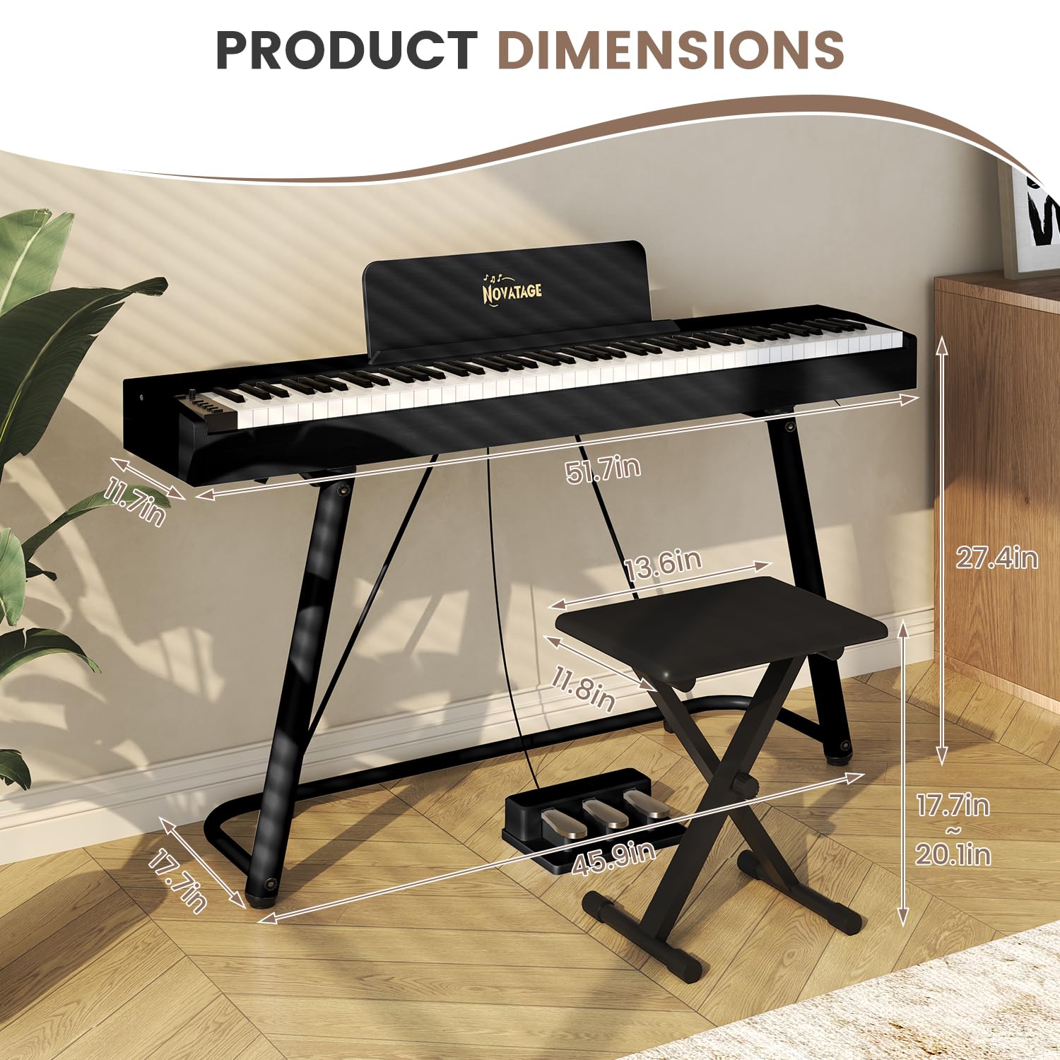 88 Key Full-Weighted Digital Piano, Full Size Electric Piano for Beginners, with U-Stand, 3 Pedal Unit, Adjustable Stool, Headphone, MIDI Functionality (Black)