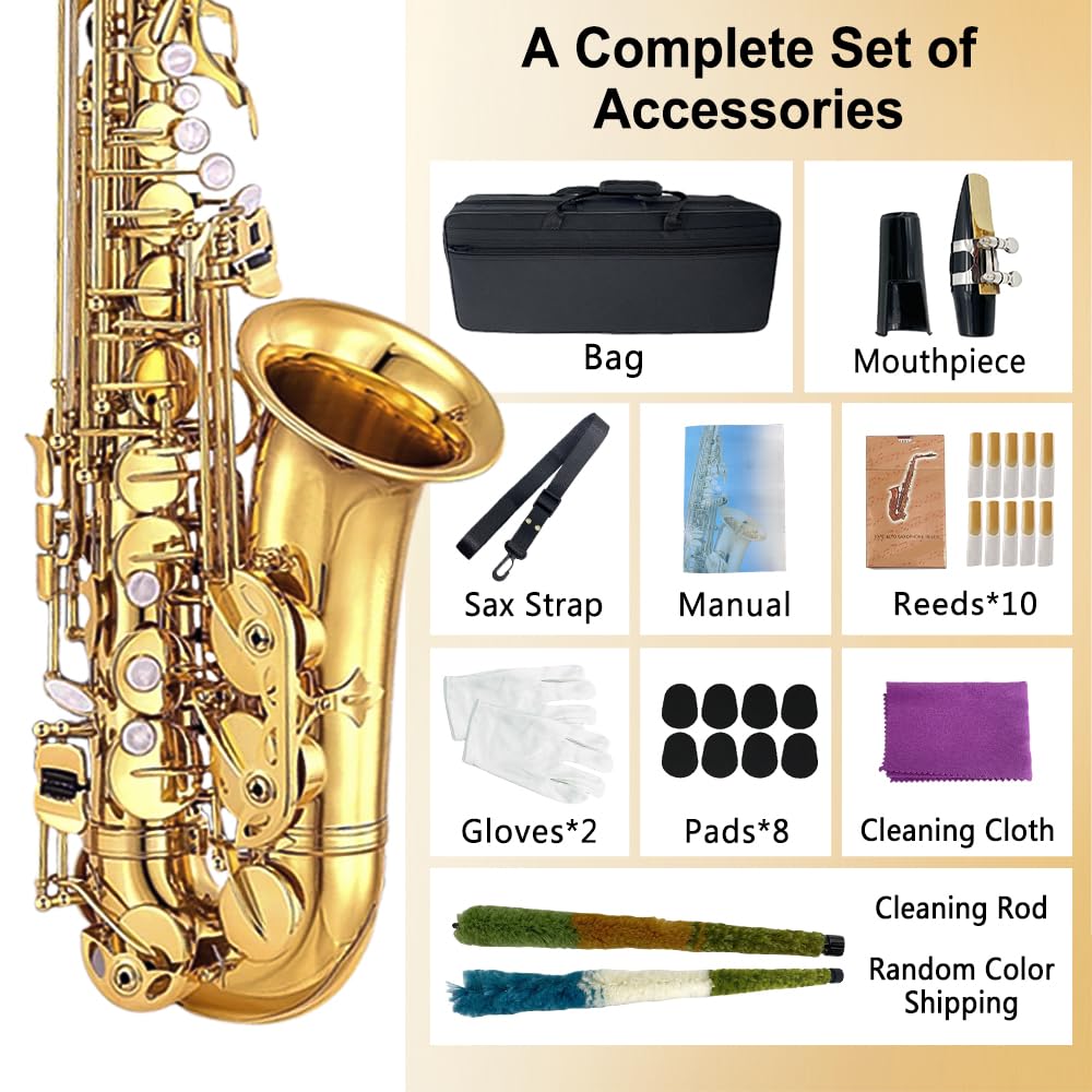 Yinfente Eb Alto Saxophone For Beginners Adult,Saxophone Student,E Flat Alto Sax Full Kit With Reeds,Pads Cushions,Hard Carrying Case,Cleaning Cloth & Rod,Mouthpiece,Gloves,Neck Strap Gold