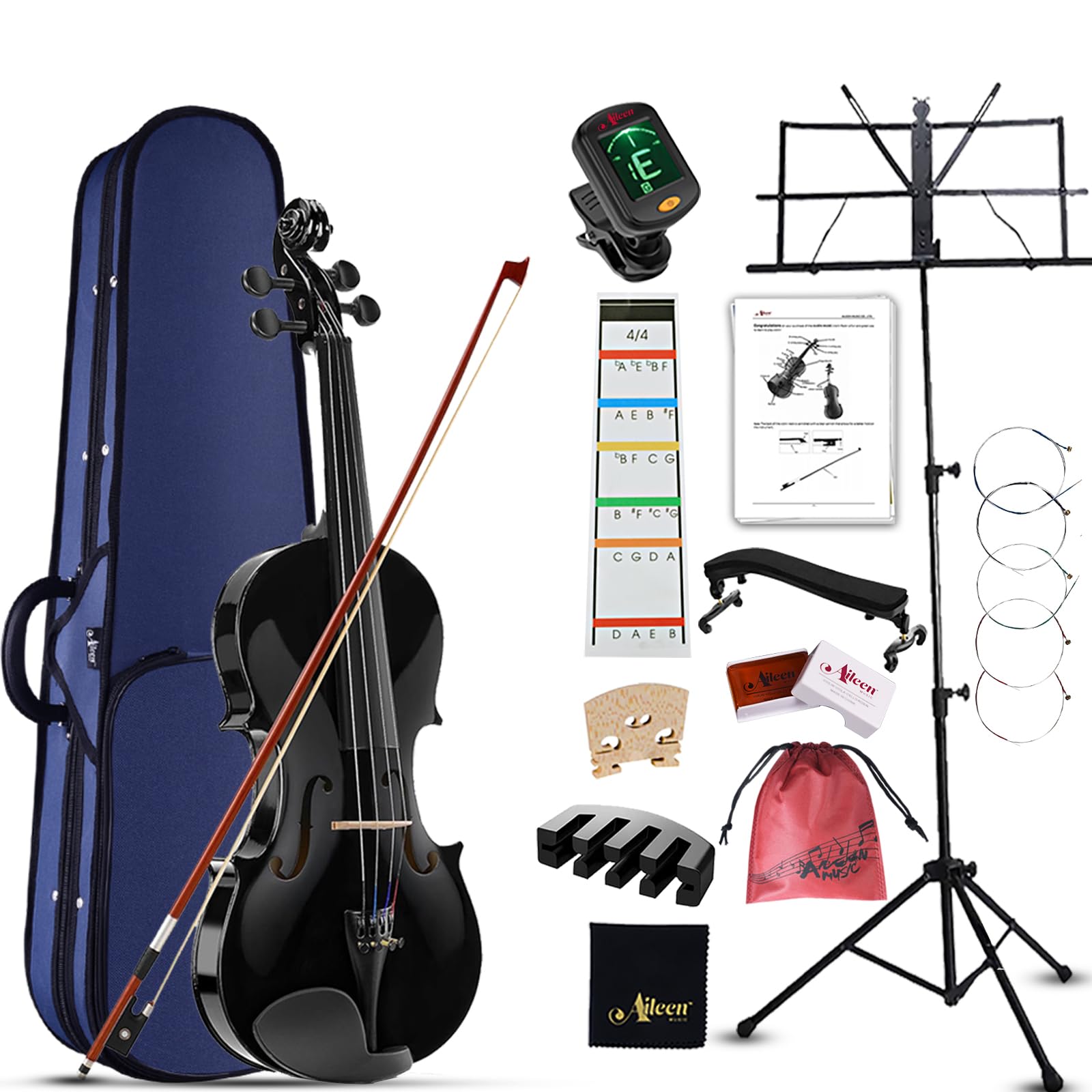 Aileen Violin 4/4 Full Size for Adults Beginners, Black Fiddle Starter Kit for Students Age 12+, including Music Stand, Unique New Fingerboard Sticker, Mute