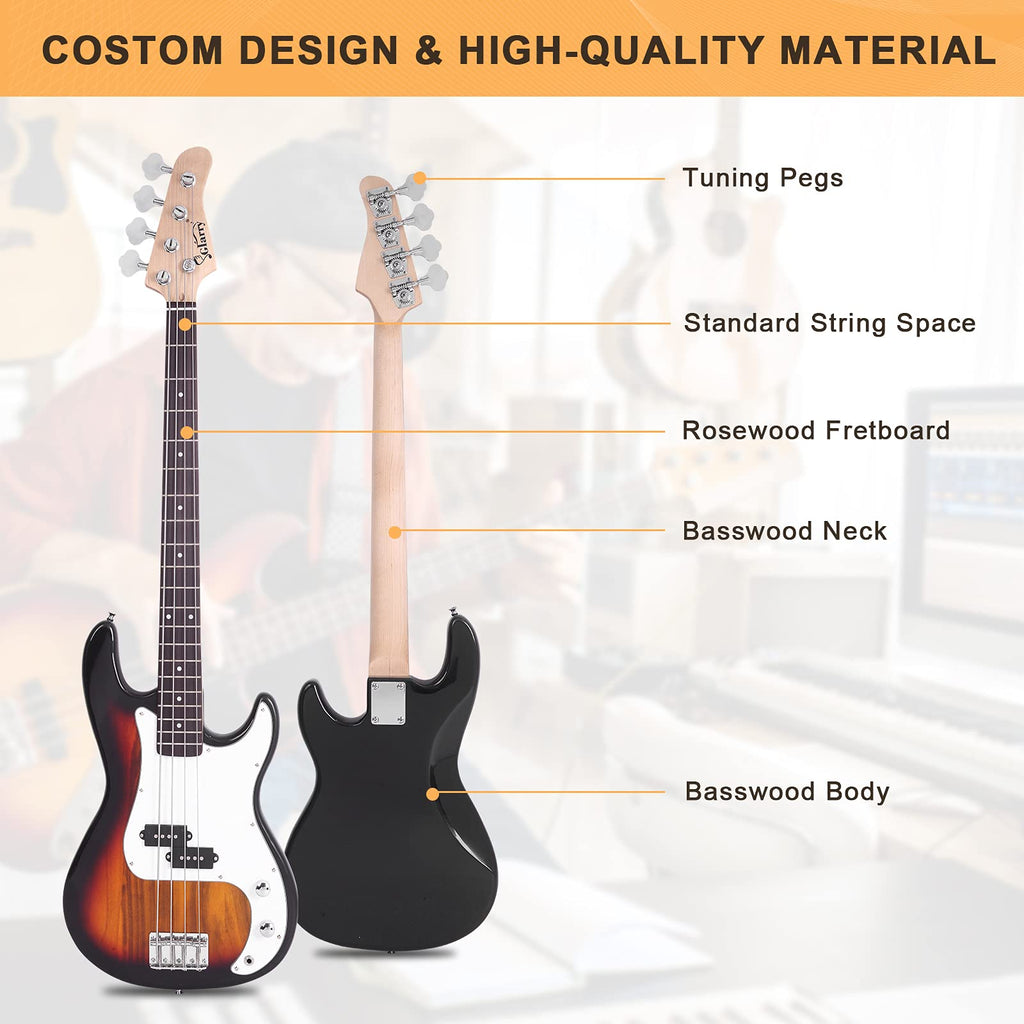 GLARRY Full Size Electric Bass Guitar Beginner Kit 4 String Exquisite Basswood Bass with 20W AMP, Cable, Strap, Bag and Accessories (Black, 39"Right Handed)