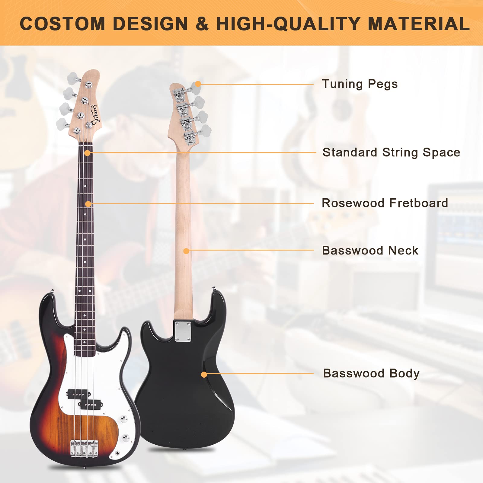 GLARRY Full Size Electric Bass Guitar Beginner Kit 4 String Exquisite Basswood Bass with 20W AMP, Cable, Strap, Bag and Accessories (Black, 39"Right Handed)