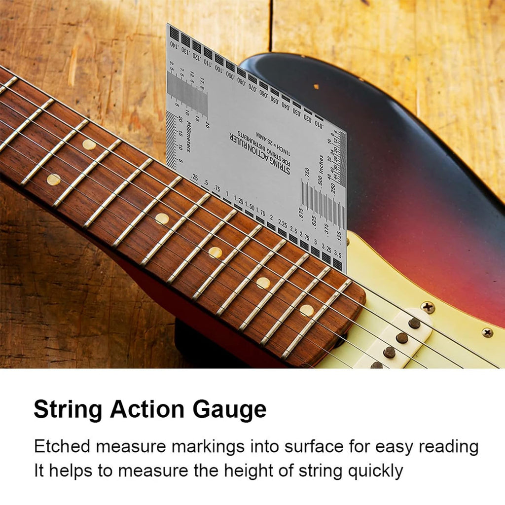 Guitar String Action Gauge Kit with Double Sided Etched Ruler 2 Fret Protector Guards 2 Sizes and 32 Piece Feeler Gauge Set for Precise String Height Measurement Luthier Maintenance