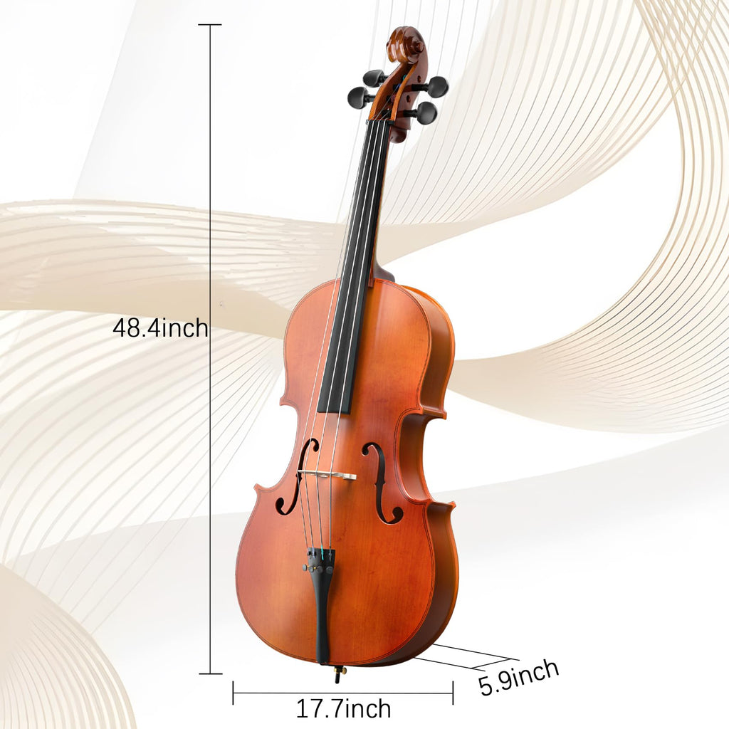 Cello 4/4 Kit, Full Size Cello for Adults, Students, Beginners, Complete Acoustic Cello Instrument Set with Portable Bag, Bow, Rosin, Black