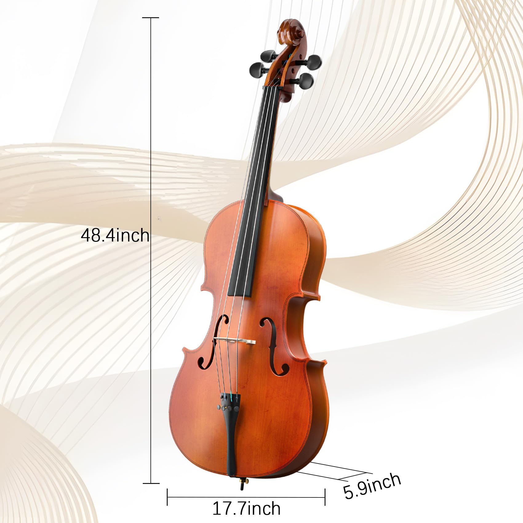 Full Size Cello Kit, Acoustic Cello Instrument for Adults,Beginners,Students,Complete Cello 4/4 Set with Portable Bag, Bow, Rosin (Black)