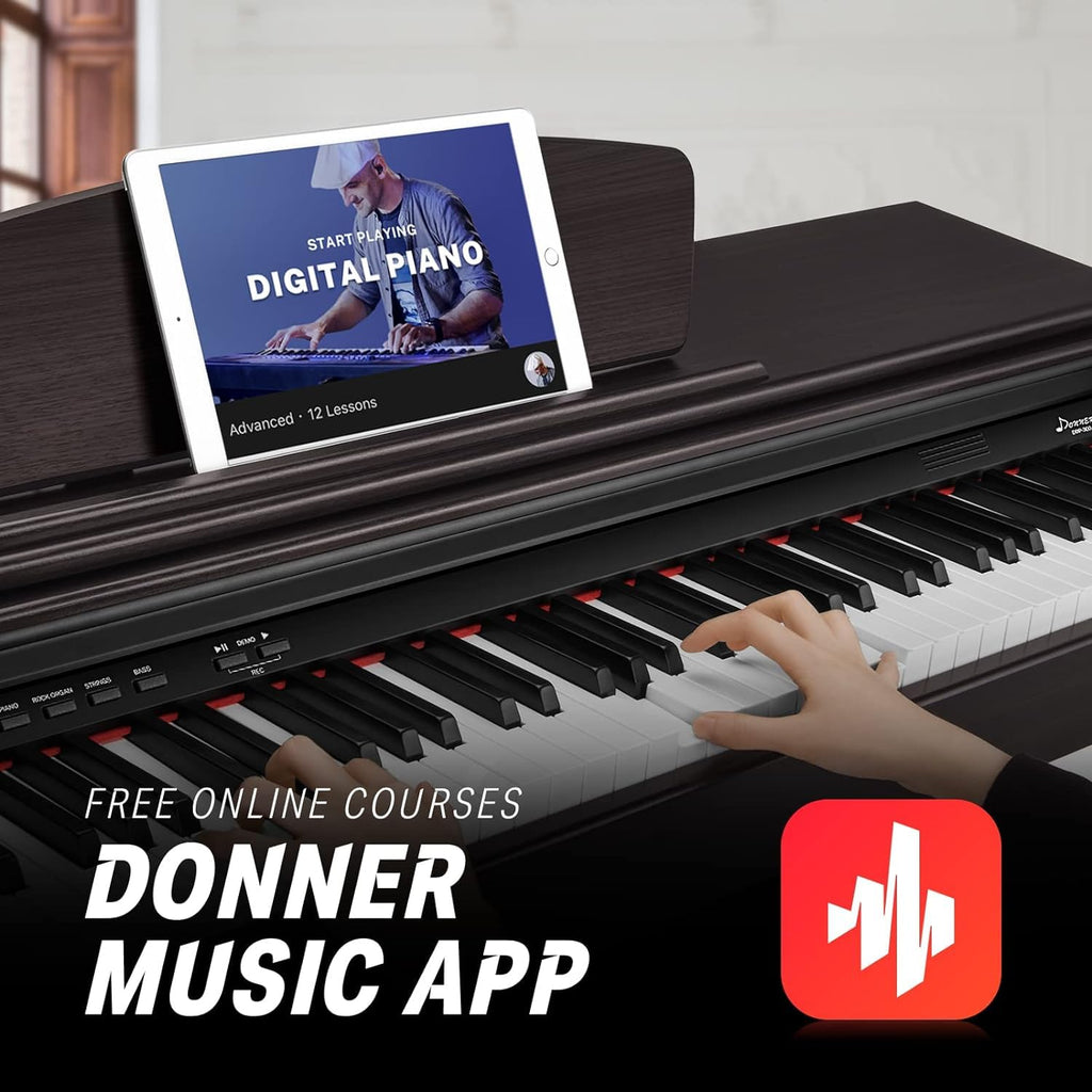 Donner DDP-400 Digital Piano with 88 Key Progressive Weighted Keyboard, Premium Upright Piano Keyboard for Professional, Bundle with Headphone, Bluetooth, Record,138 Tones,100 Rhythms, LCD, Brown