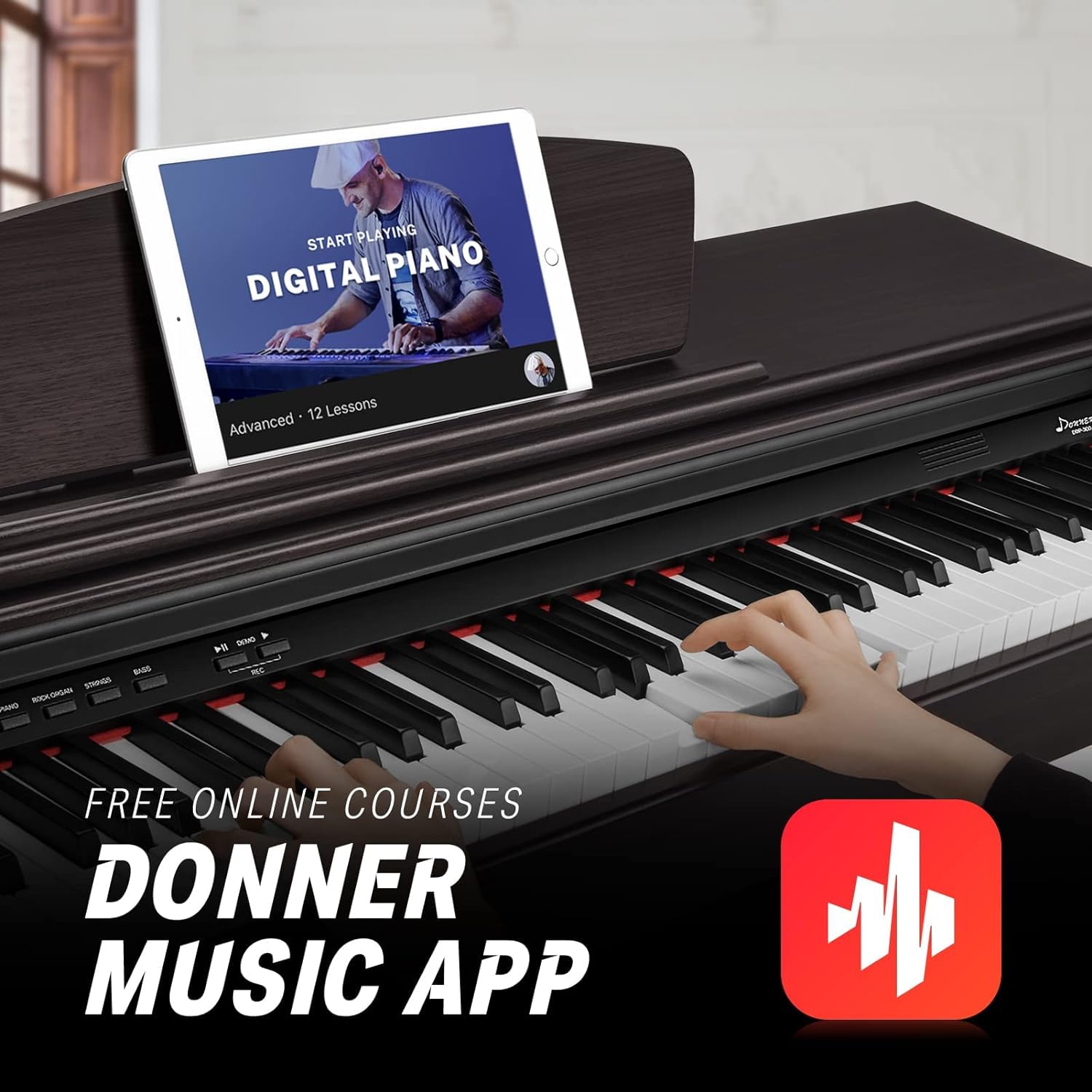 Donner DDP-400 Digital Piano with 88 Key Progressive Weighted Keyboard, Premium Upright Piano Keyboard for Professional, Bundle with Headphone, Bluetooth, Record,138 Tones,100 Rhythms, LCD, Brown