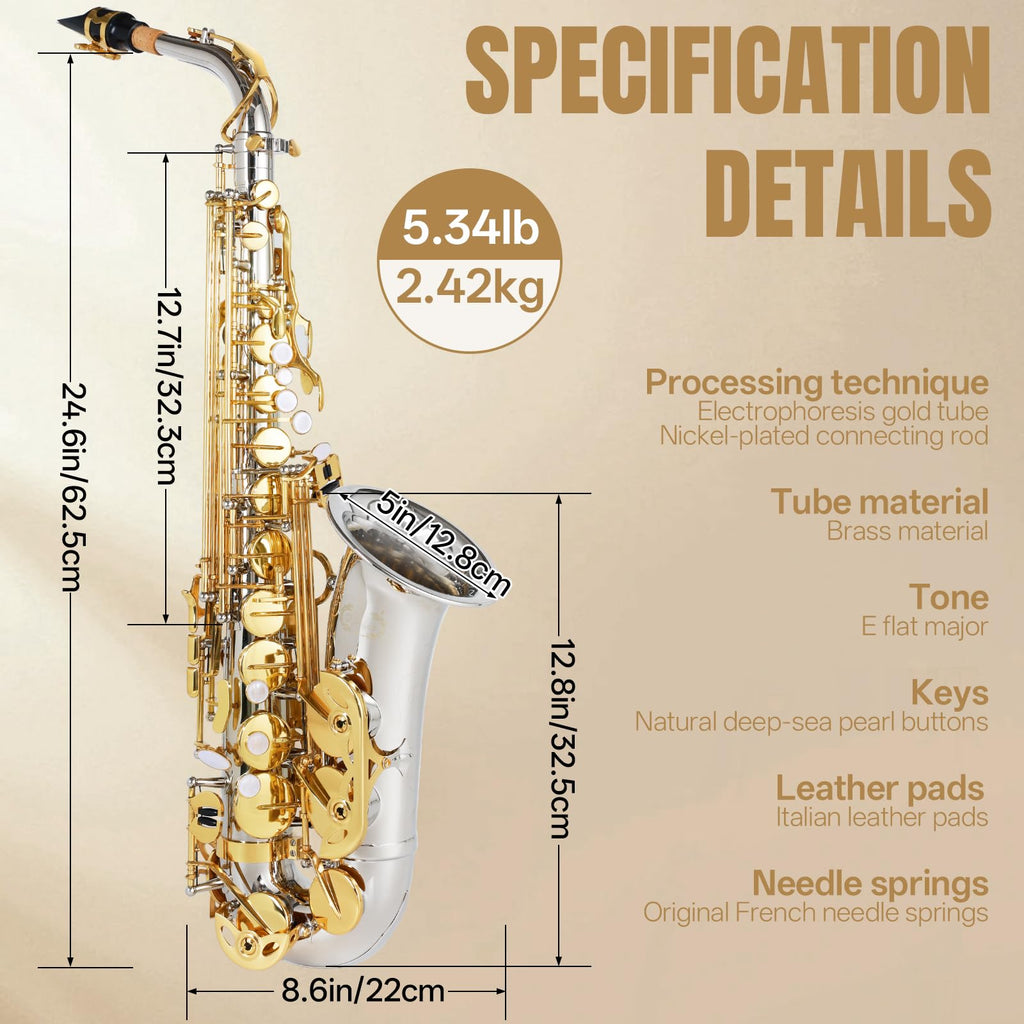 Kmise E Flat Alto Saxophone, Lightweight Saxophones for Students Beginner, Saxofon Full Kit with Portable Case, Sax Stand, Strap, Reeds, Beginner's Guides, Mute, Cleaning Kit (Gold Lacquer)