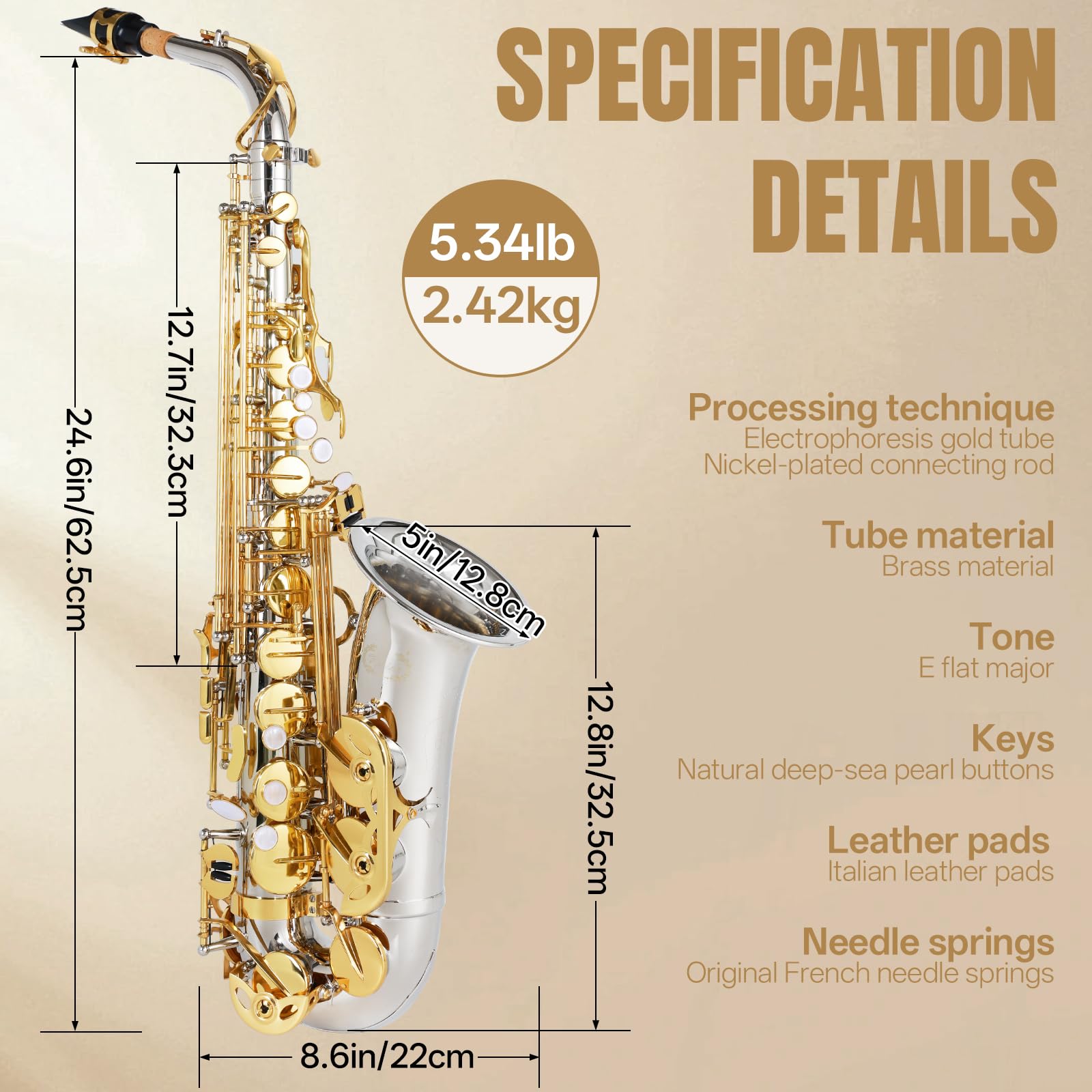 Kmise E Flat Alto Saxophone, Lightweight Saxophones for Students Beginner, Saxofon Full Kit with Portable Case, Sax Stand, Strap, Reeds, Beginner's Guides, Mute, Cleaning Kit (Gold Lacquer)