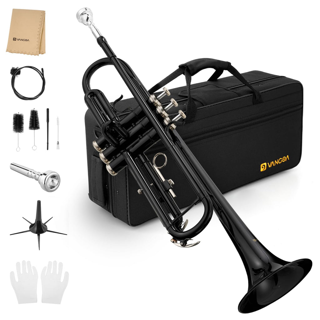Vangoa Bb Trumpet Brass Standard Black Trumpet Instrument for Student School Band Orchestra Adult Kid Beginner with Hard Case, Stand, Cleaning Kit, White Gloves, Valve Oil and 7C Mouthpiece