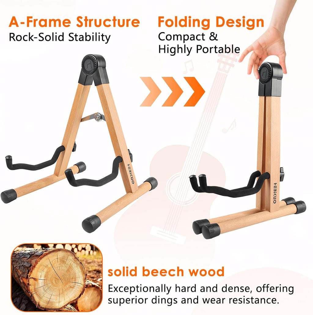 Wood Guitar Stand, A-Frame Folding Wooden Acoustic Electric Floor Guitar Stands with Padding, Stable Musical Instrument Foldable Support Holder, Universal for Ukulele, Bass, Cello, Violin, Banjo, Mandolin