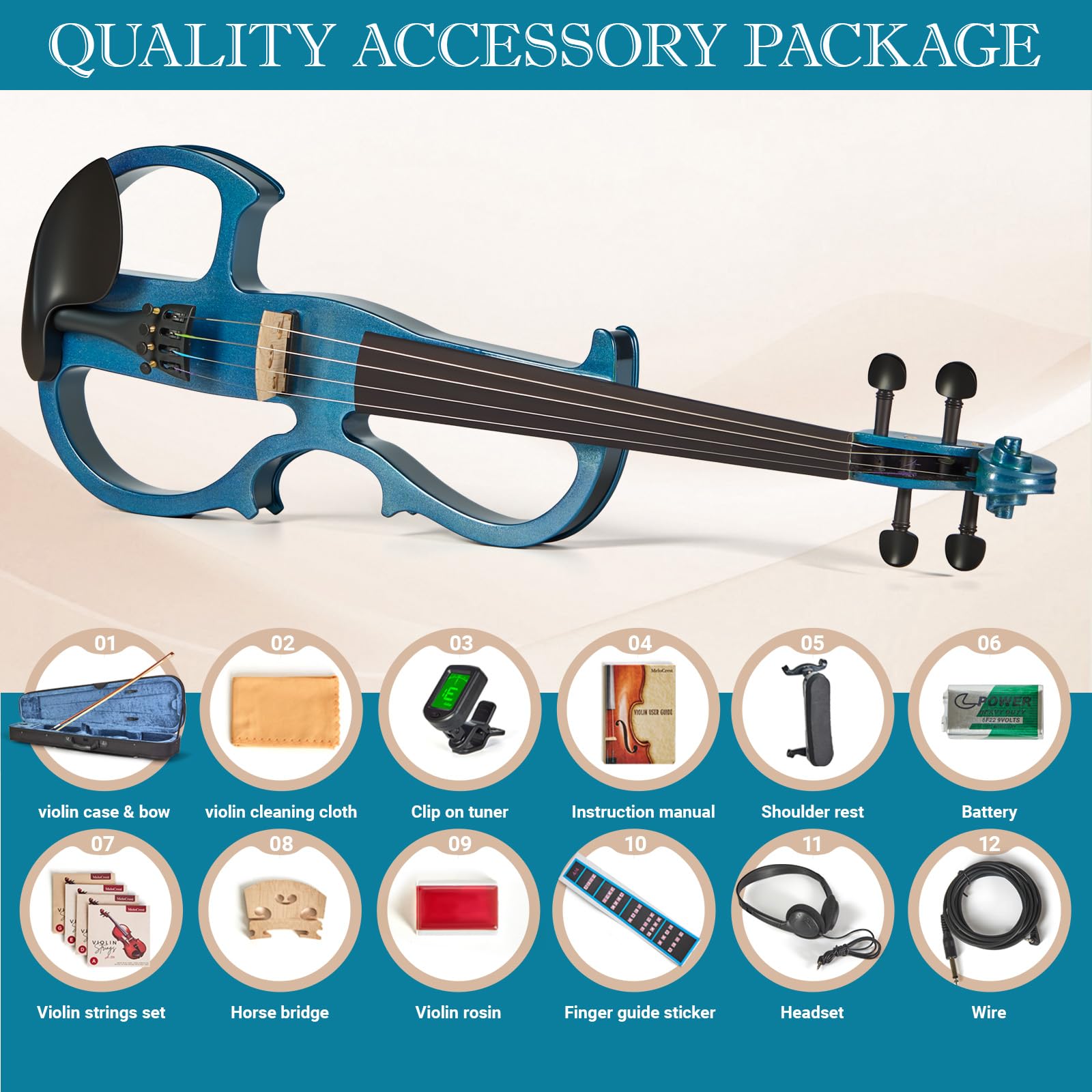 Cobalt Blue Silent Electric Violin 4/4 Full Size, Acoustic-Electric Violin for Beginners & Students, Quiet Practice with Headphones, High-Fidelity Pickup, Complete Starter Kit