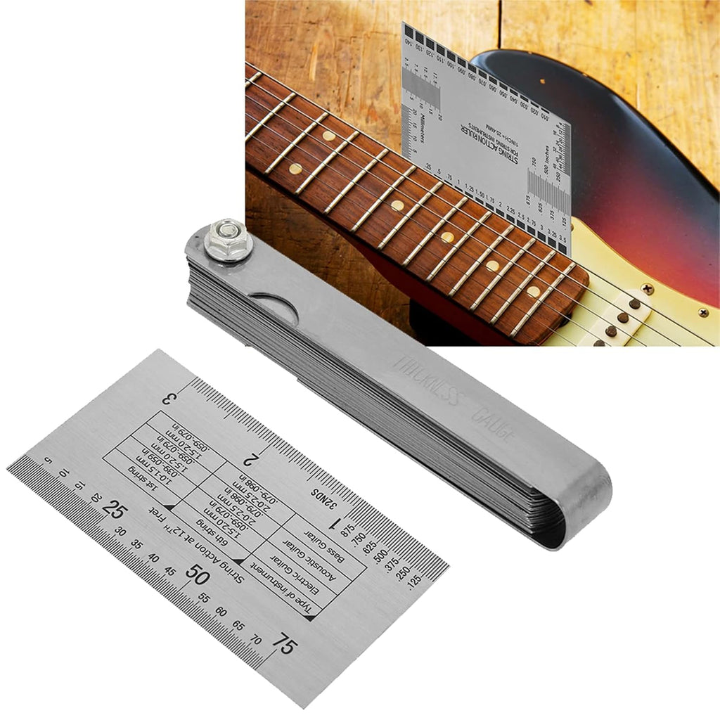 Guitar String Action Gauge Kit with Double Sided Etched Ruler 2 Fret Protector Guards 2 Sizes and 32 Piece Feeler Gauge Set for Precise String Height Measurement Luthier Maintenance