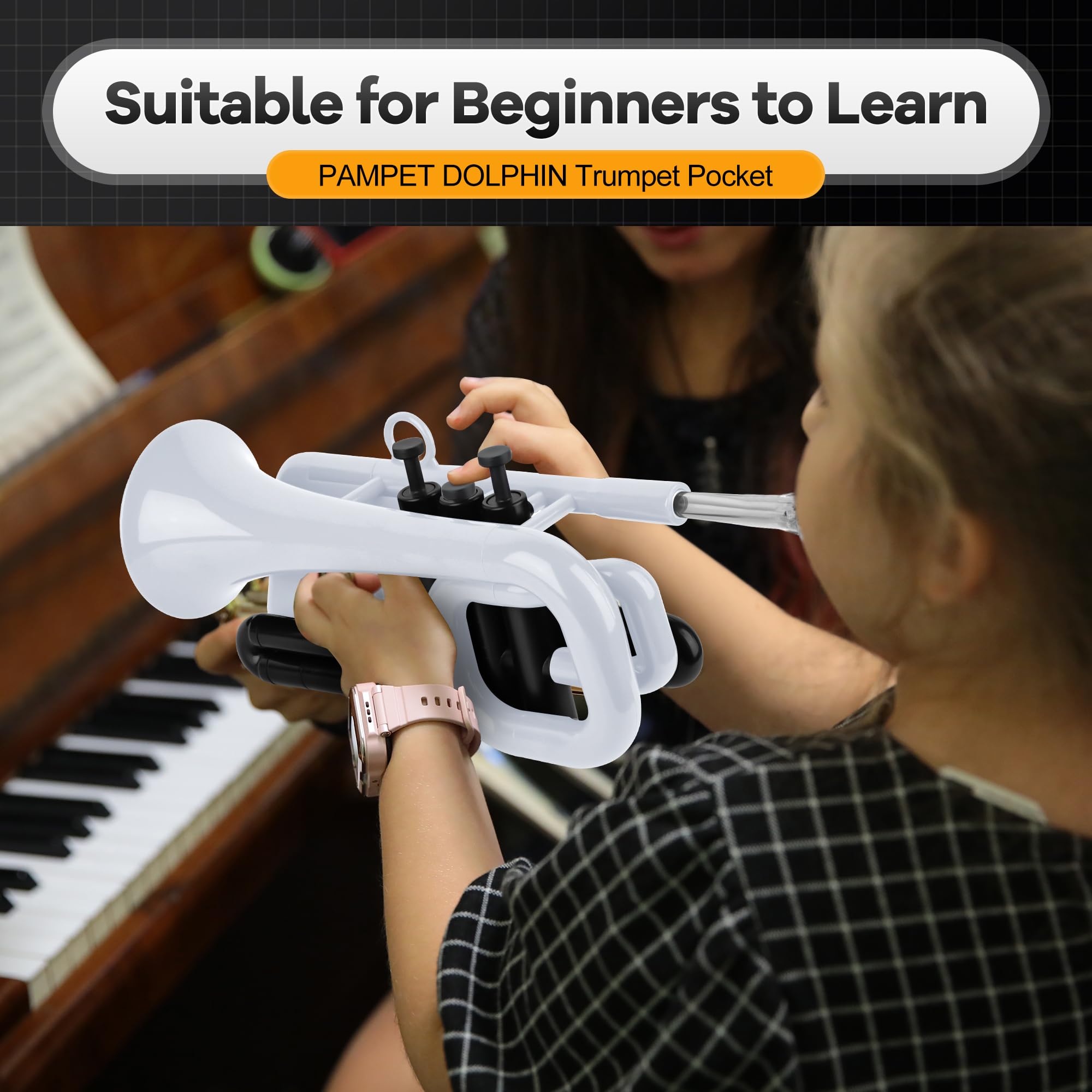 PAMPET DOLPHIN Pocket Trumpet Plastic Bb Trumpet Standard Trumpets for Student Beginner Bb Trumpets Instrument (Black)