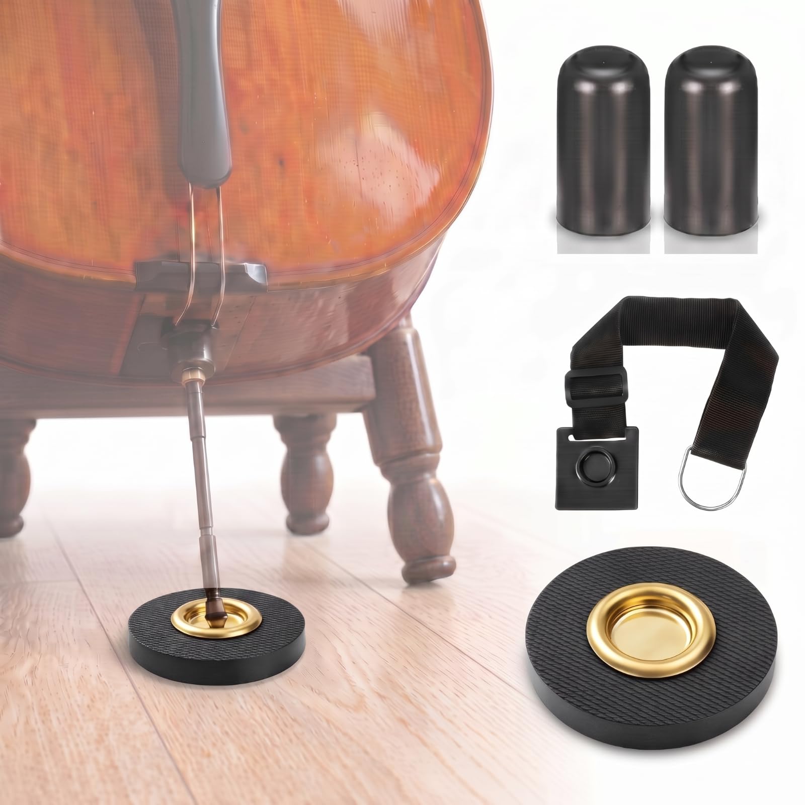 Nuanchu 4 Piece Cello Rock Stop with Strap Non Slip Endpin Anchor Set with Floor Mat, Rubber Tip Protectors for Cello Practice and Performance(Black,Plastic,)