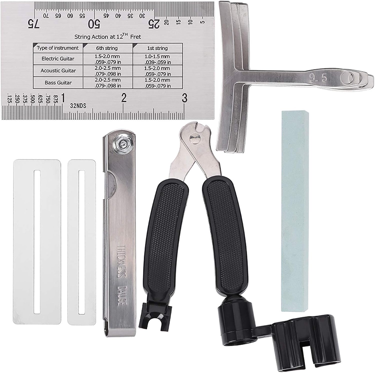 Guitar Tool Set, Wireless Guitar Accessories Kit with Sander Radius Gauge String Action Ruler Fingerboard Guards for Electric Guitar Bass Banjo Mandolin Repair and Setup