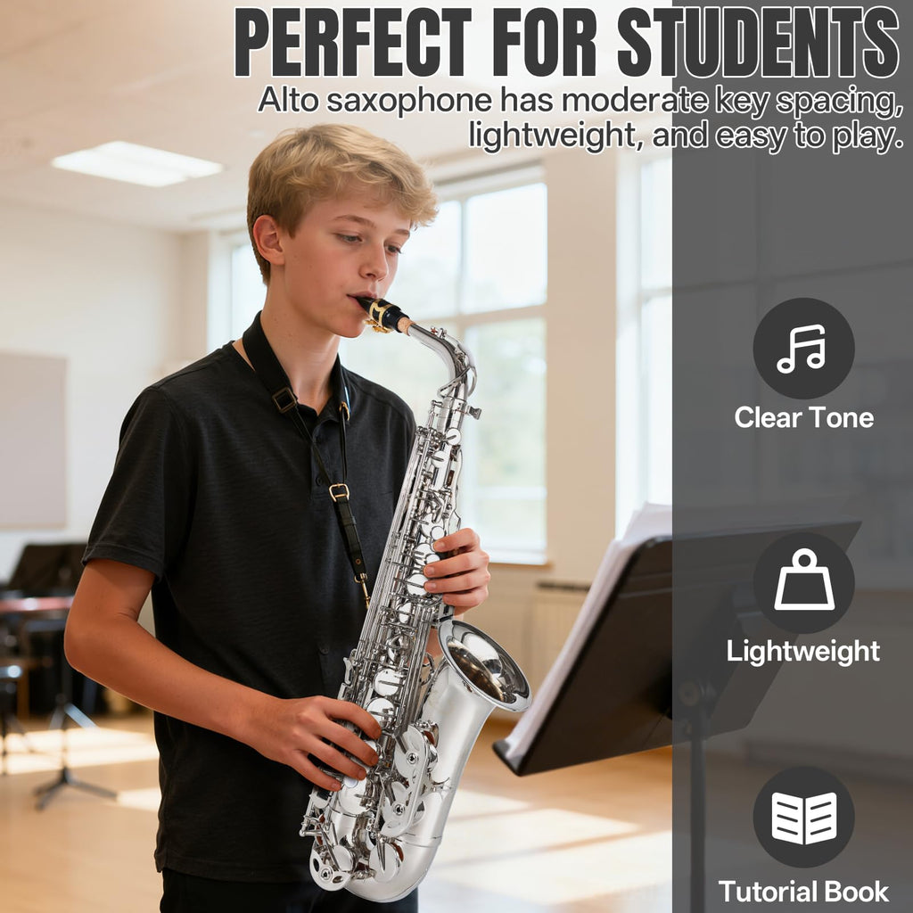 Kmise E Flat Alto Saxophone, Lightweight Saxophones for Students Beginner, Saxofon Full Kit with Portable Case, Sax Stand, Strap, Reeds, Beginner's Guides, Mute, Cleaning Kit (Gold Lacquer)