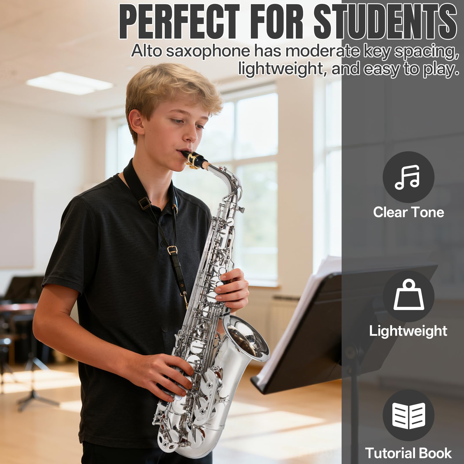Kmise E Flat Alto Saxophone, Lightweight Saxophones for Students Beginner, Saxofon Full Kit with Portable Case, Sax Stand, Strap, Reeds, Beginner's Guides, Mute, Cleaning Kit (Gold Lacquer)