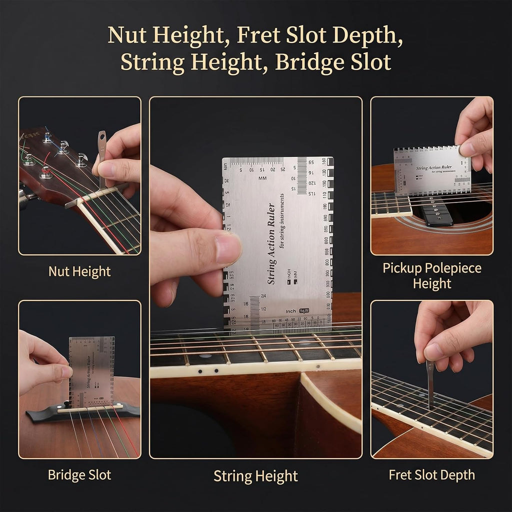 10 Pcs Guitar Luthier Tools Include 9 Pcs Understring Guitar Radius Gauge and 1 String Action Height Gauges Ruler Guitars String Action Gauge Ruler Tool for Guitars Bass Setup Repair Tools