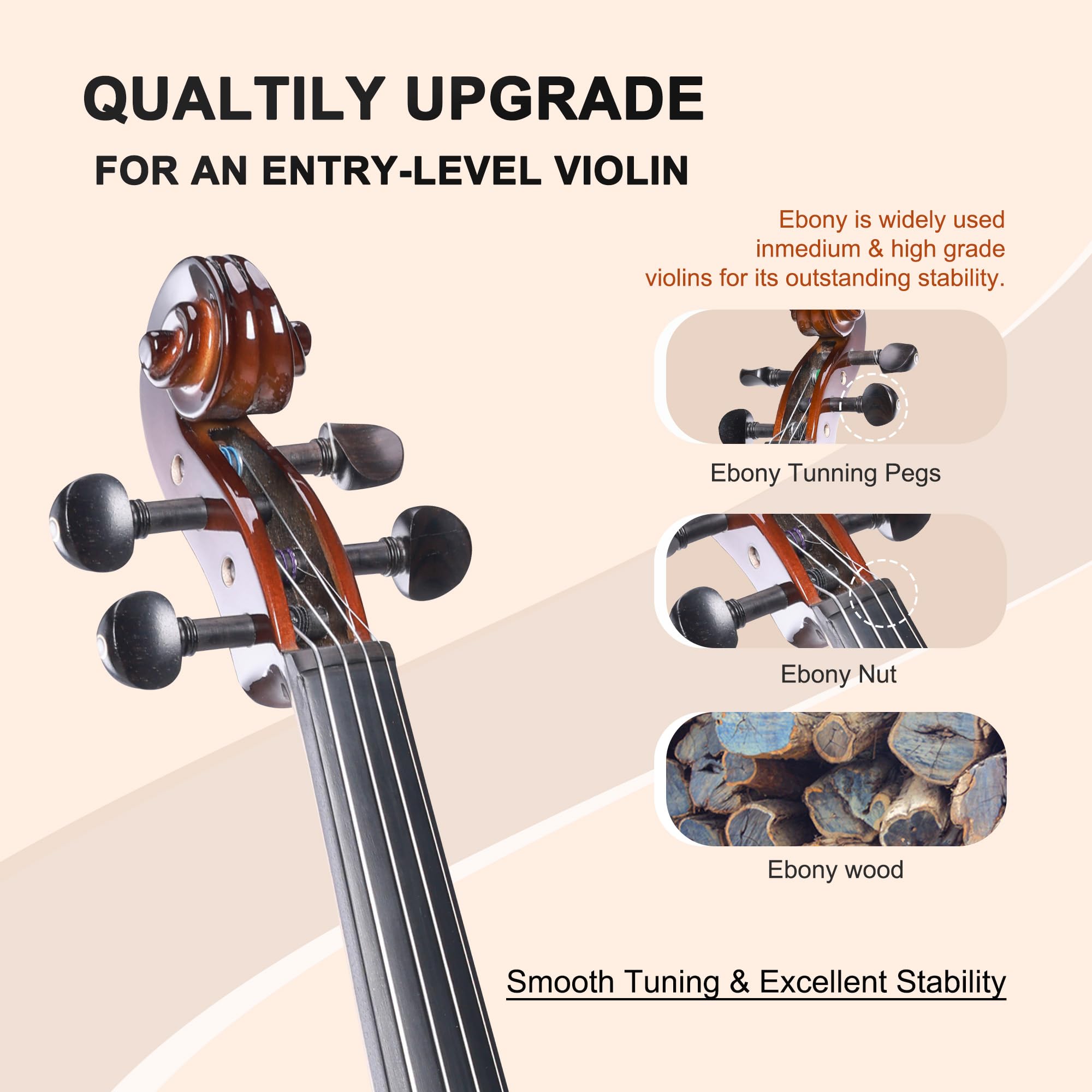 ADM Acoustic Violin for Beginner 4/4 Full Size Violin Set Solid Wood Ebony for Adult Teen Student Starter Kit with Hard Case, Shoulder Rest, Bow, Music Stand, Strings, Free Lessons (Sepia, 4/4 Size)