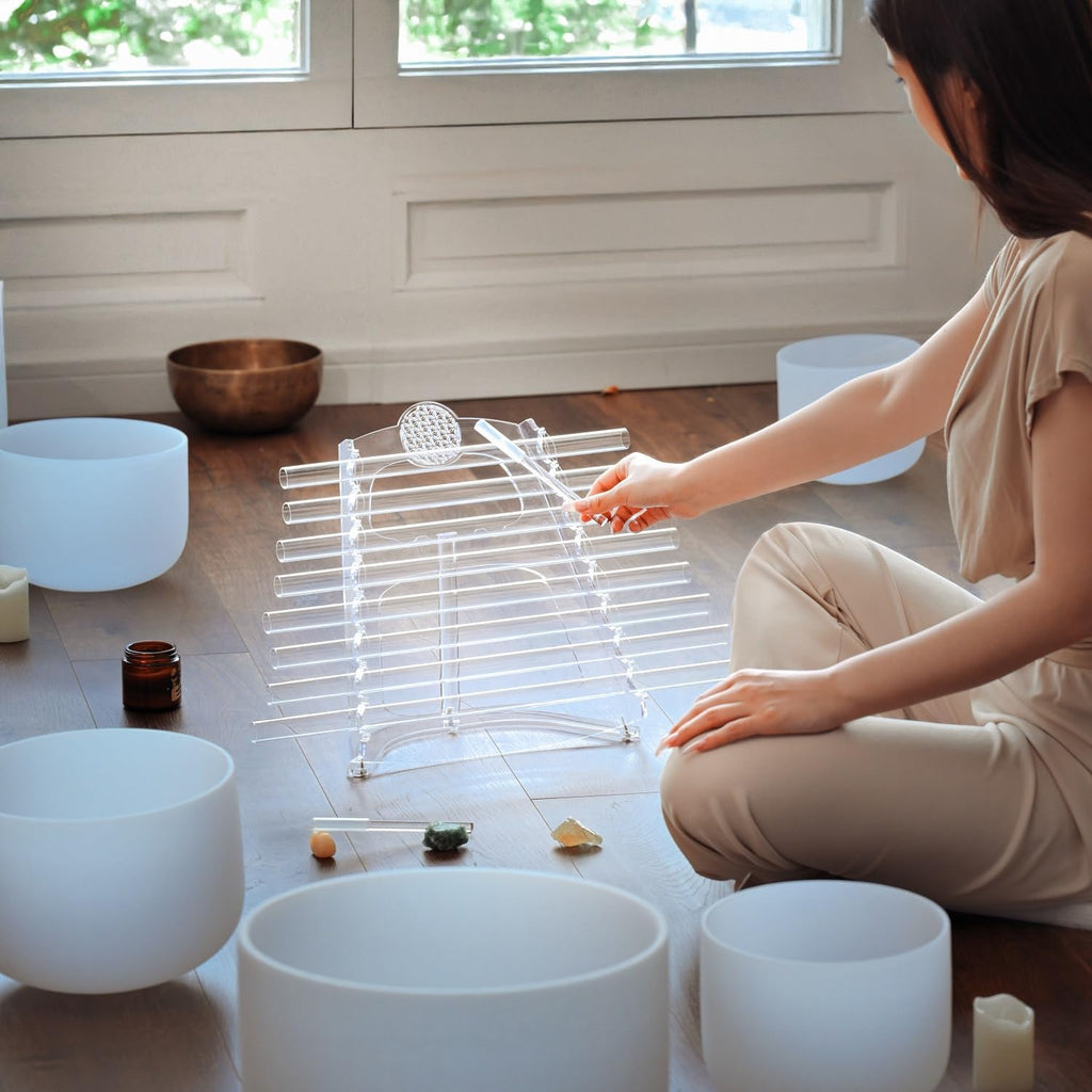 CVNC 432HZ 8 Note CDEFGABC Quartz Crystal Singing Harp with Flower of Life Pattern Including Bracket Alumina Carrry Case for Sound Bath and Meditatiion