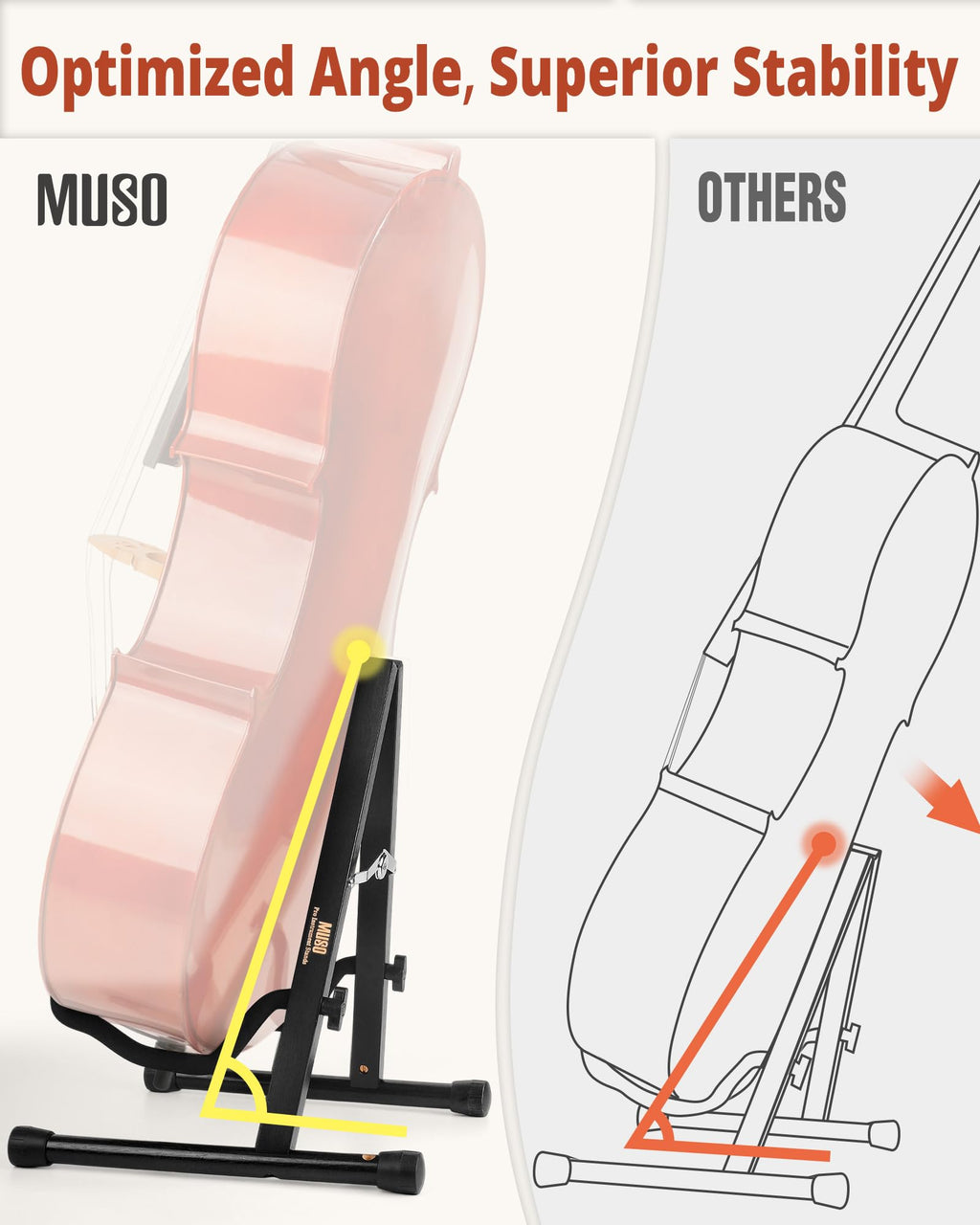 MUSO Cello Stand with Bow Holder,A-Frame Floor Stand with Padded Foam, Handcrafted Cello Rack Fits 1/2, 3/4, 7/8, 4/4 Full-Size and Guitar, Instrument Holder for Home and Studio Display