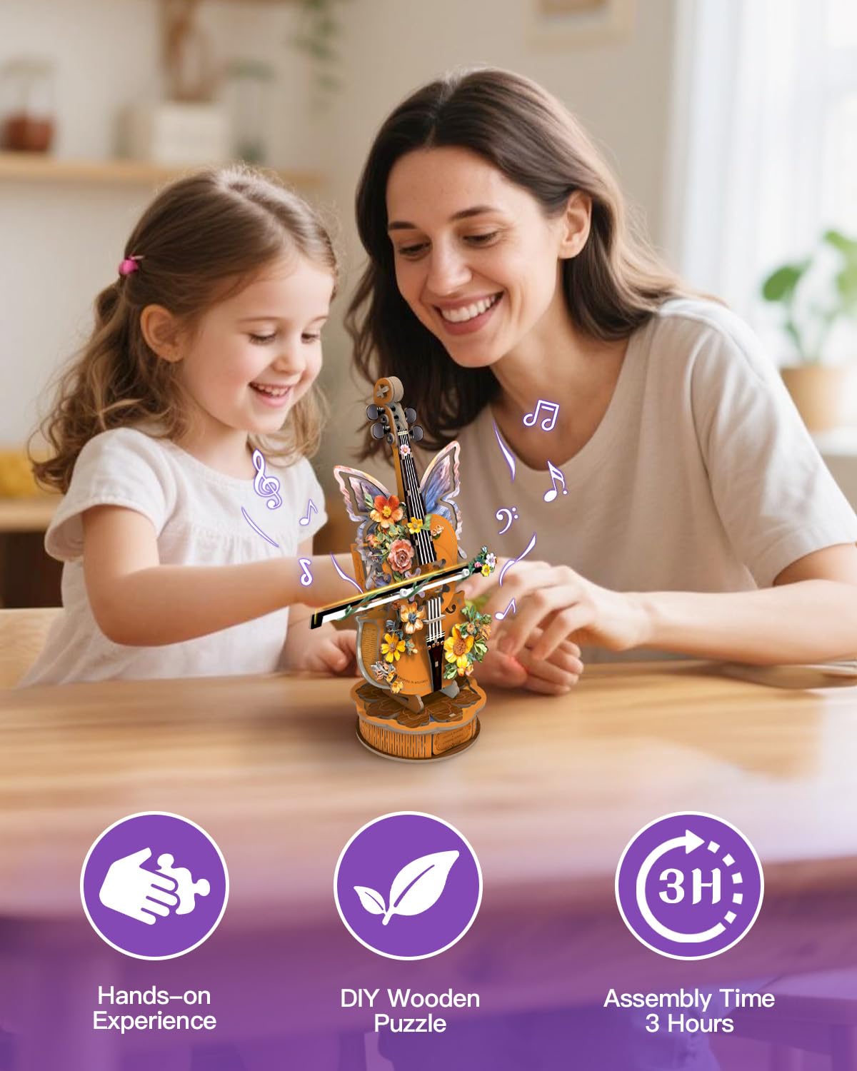 3D Puzzles for Adults, Mechanical Wooden Cello Music Box Puzzles, DIY Flower Music Box Cello Crafts Model Kits Home Decor for Women Holiday Weddings