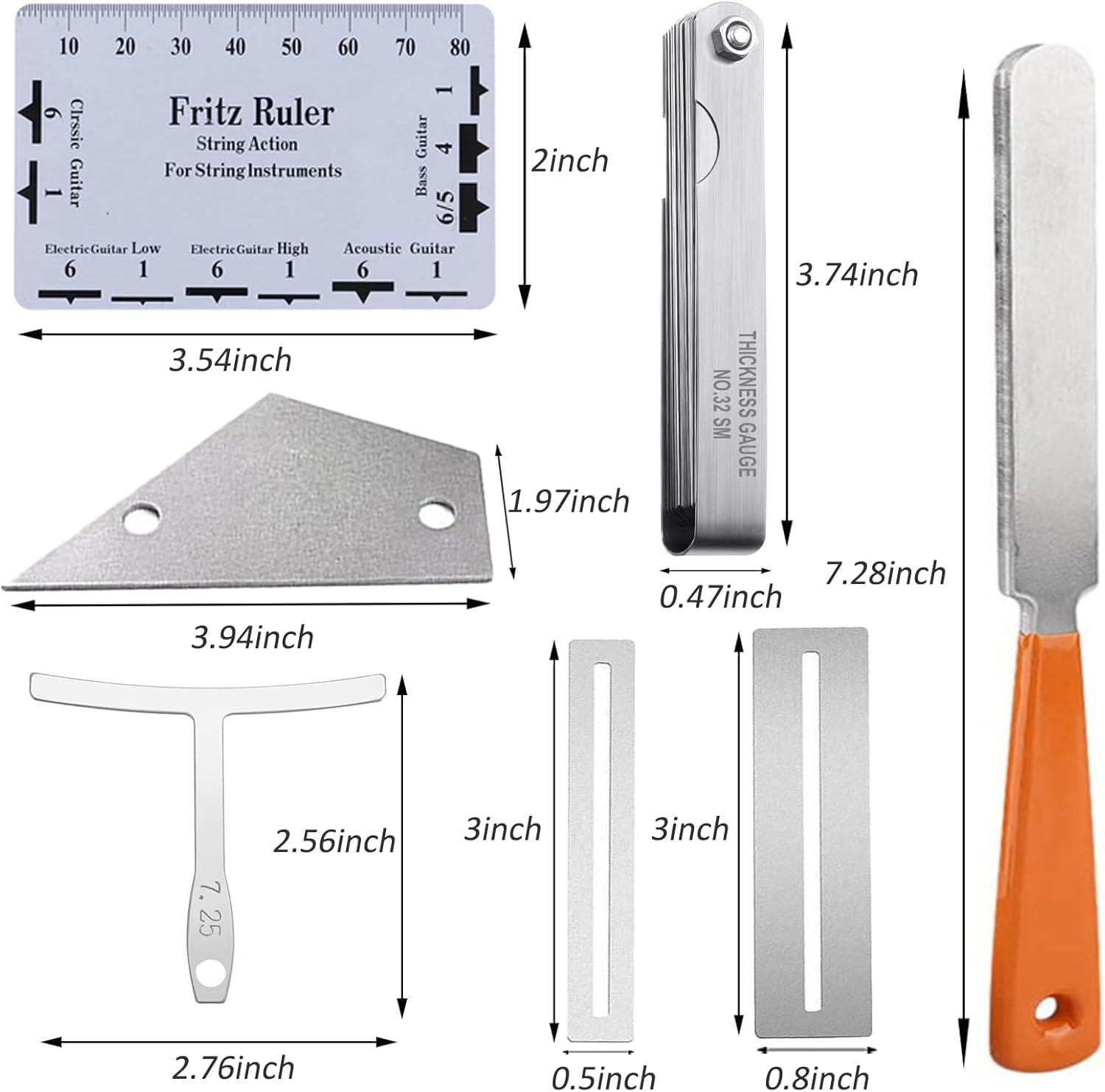 Guitar Luthier Tool Set,Including Fret Crowning File,Guitar Radius Gauge,String Action Ruler Gauge,Blades Feeler Gauge,Needle File,Fingerboard Guards for Guitar and Bass Setup