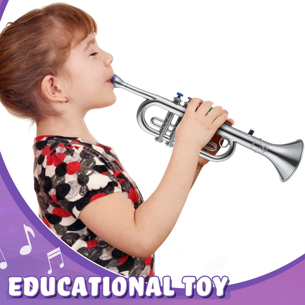 Lewtemi Gold Trumpet Musical Instruments Toy for Kid Toddler Fake Plastic Preschool Music Toy Gift Non-Professional Wind Instrument Early Educational Teaching Songs Gifts for Toddlers Children