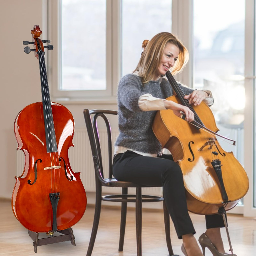 Wooden Cello Stand with Bow Holder for 1/8 - 4/4 Cellos | Detachable & Portable Full-Size Cello Stand | Universal Instrument Stand for Guitars/Bass