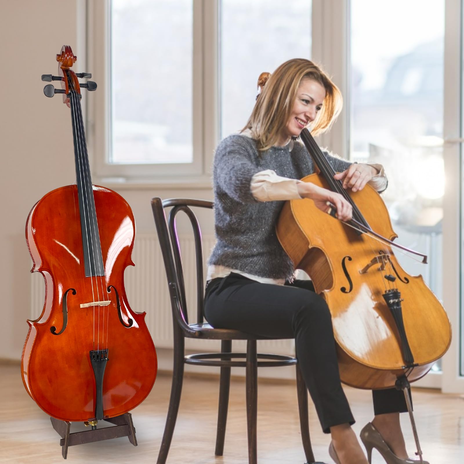 Wooden Cello Stand with Bow Holder for 1/8 - 4/4 Cellos | Detachable & Portable Full-Size Cello Stand | Universal Instrument Stand for Guitars/Bass