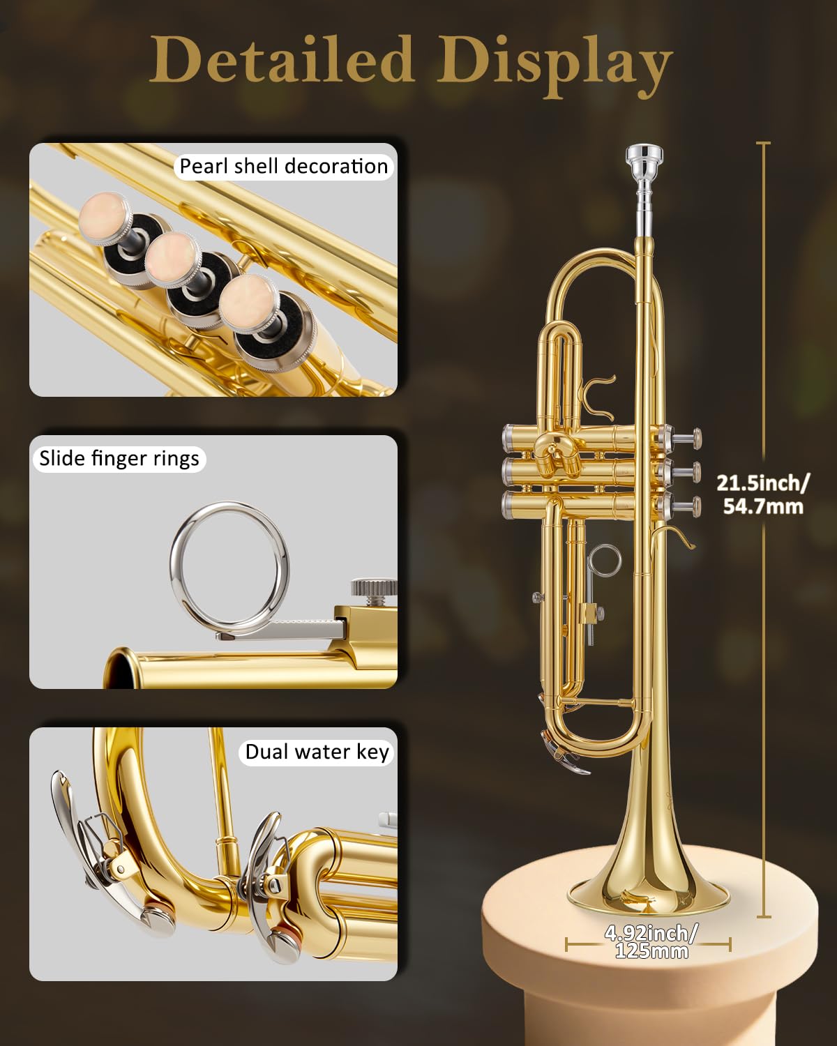 STRICH Bb Standard Trumpet Set for Beginners, Brass Student Trumpet Instrument with Hard Case, Cleaning Kit, 7C & 3C Mouthpieces, Gloves - STR-1G, Gold