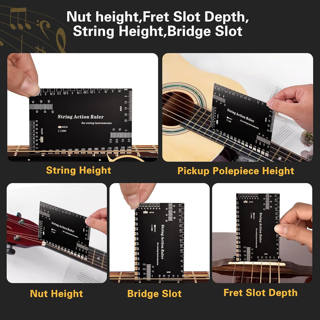 10 Pcs Guitar Luthier Tools Include 9 Pcs Understring Guitar Radius Gauge and 1 String Action Height Gauge Ruler, Measuring Setup Tool Kit for Guitar Bass