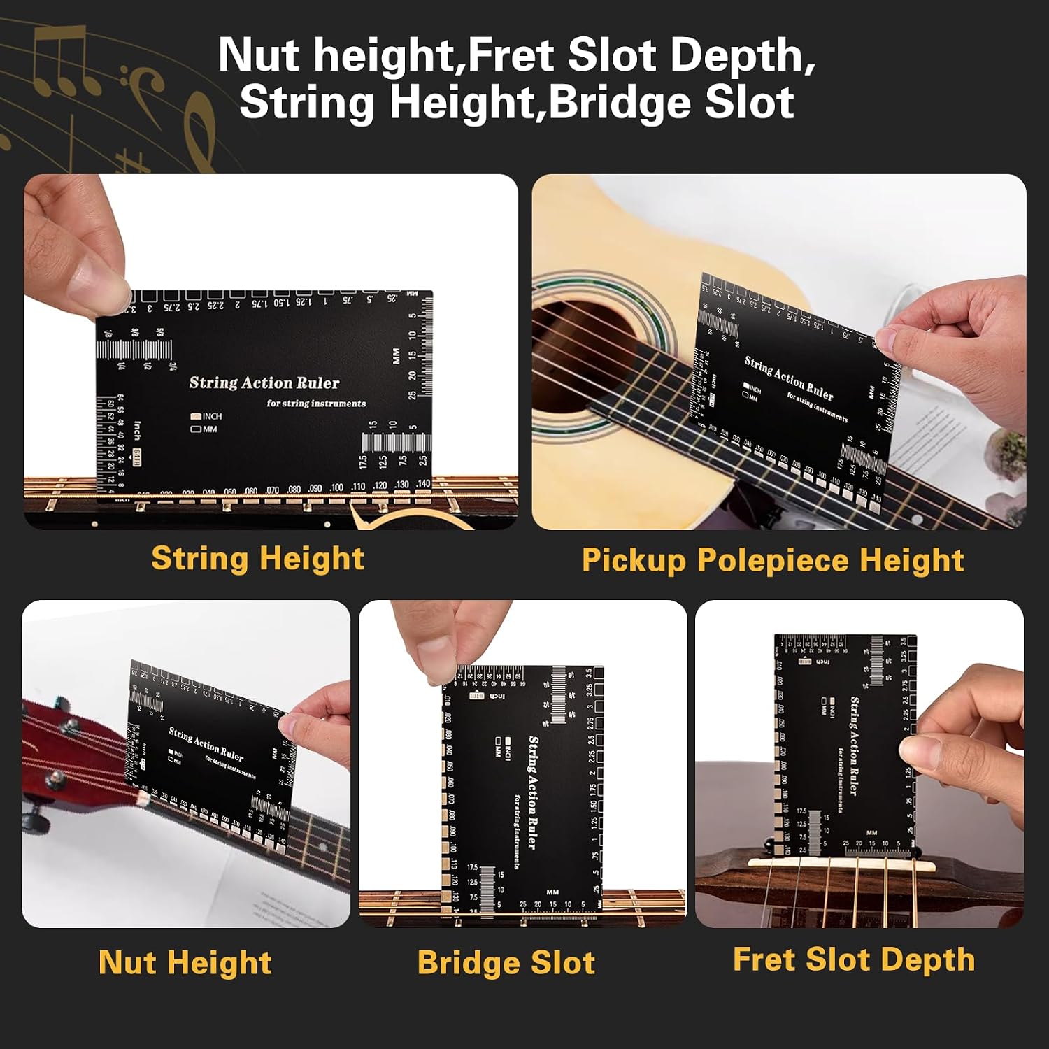 10 Pcs Guitar Luthier Tools Include 9 Pcs Understring Guitar Radius Gauge and 1 String Action Height Gauge Ruler, Measuring Setup Tool Kit for Guitar Bass