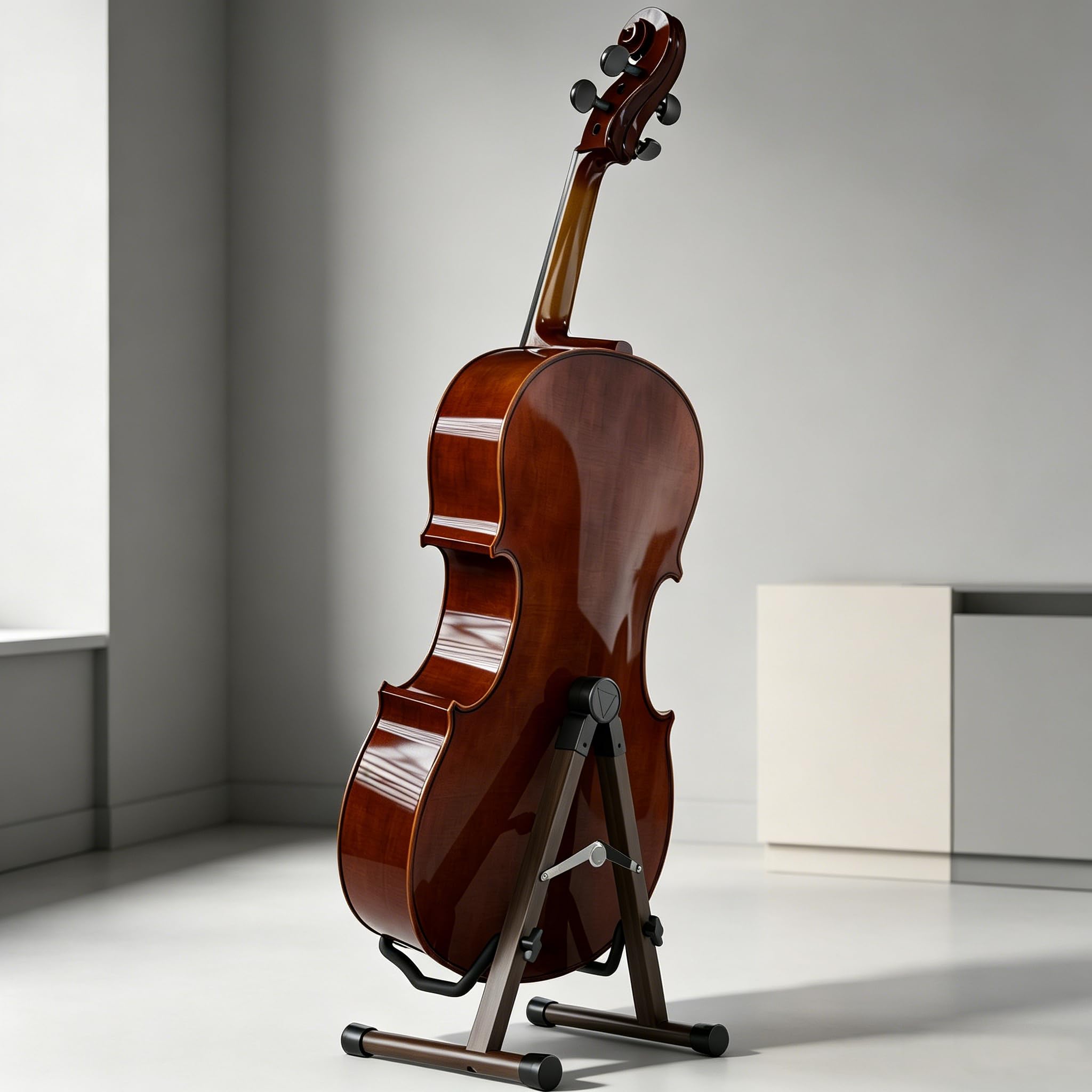 Cello Stand with Bow Holder, Wooden Stand for 1/2, 3/4, 7/8, 4/4 Full-Size, A-Frame Floor Cello Stand with Padded Foam and Non Slip Pad, Cello Display Stand (Black Walnut)