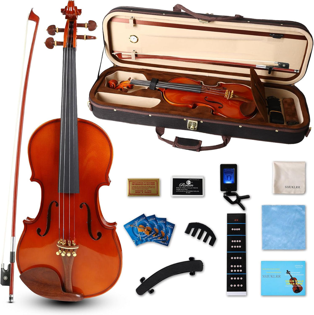 Violin 4/4 Full Size Complete Set for Adults Teenagers Students,Solid Maple Wood Violins with Rosewood Fittings,Case,Spare strings,Bow, Rosin, Shoulder Rest,Professional Violin for 11+years Gift