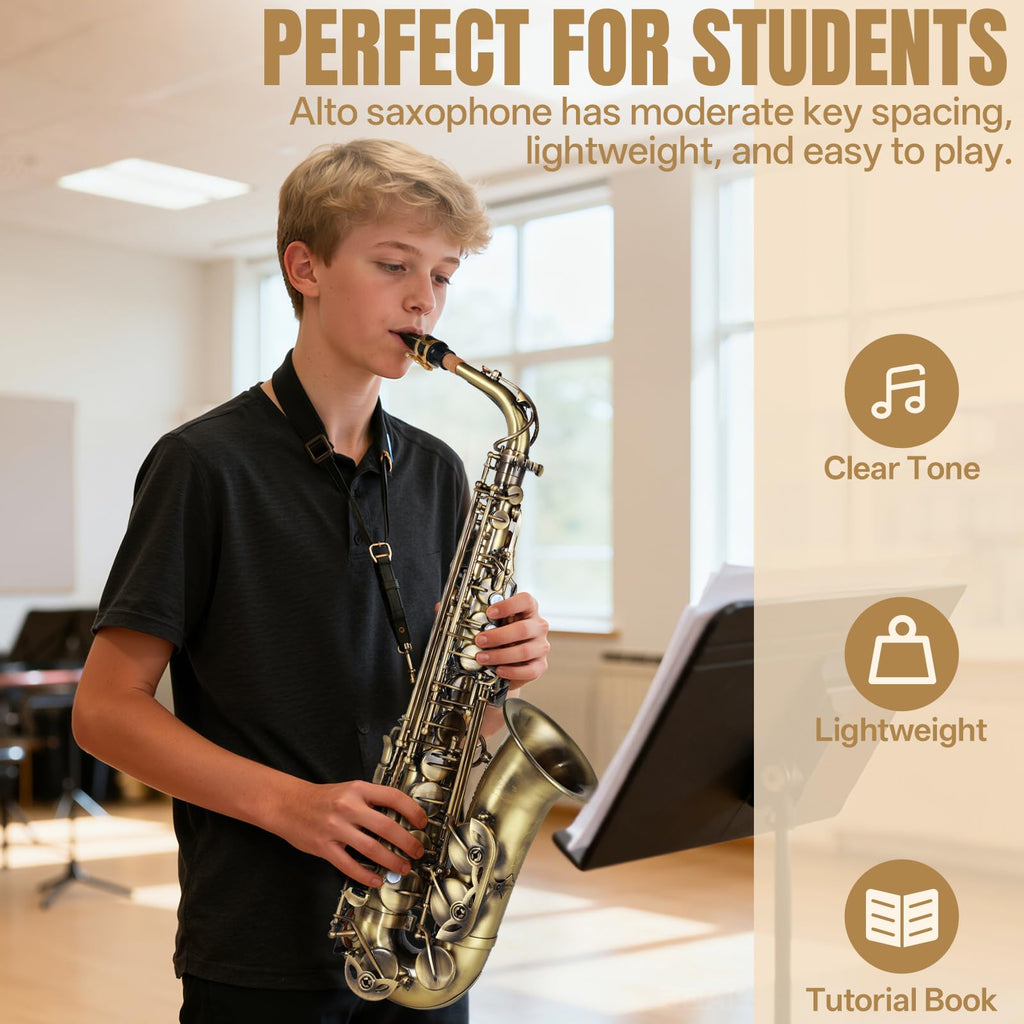 Kmise E Flat Alto Saxophone, Lightweight Saxophones for Students Beginner, Saxofon Full Kit with Portable Case, Sax Stand, Strap, Reeds, Beginner's Guides, Mute, Cleaning Kit (Gold Lacquer)