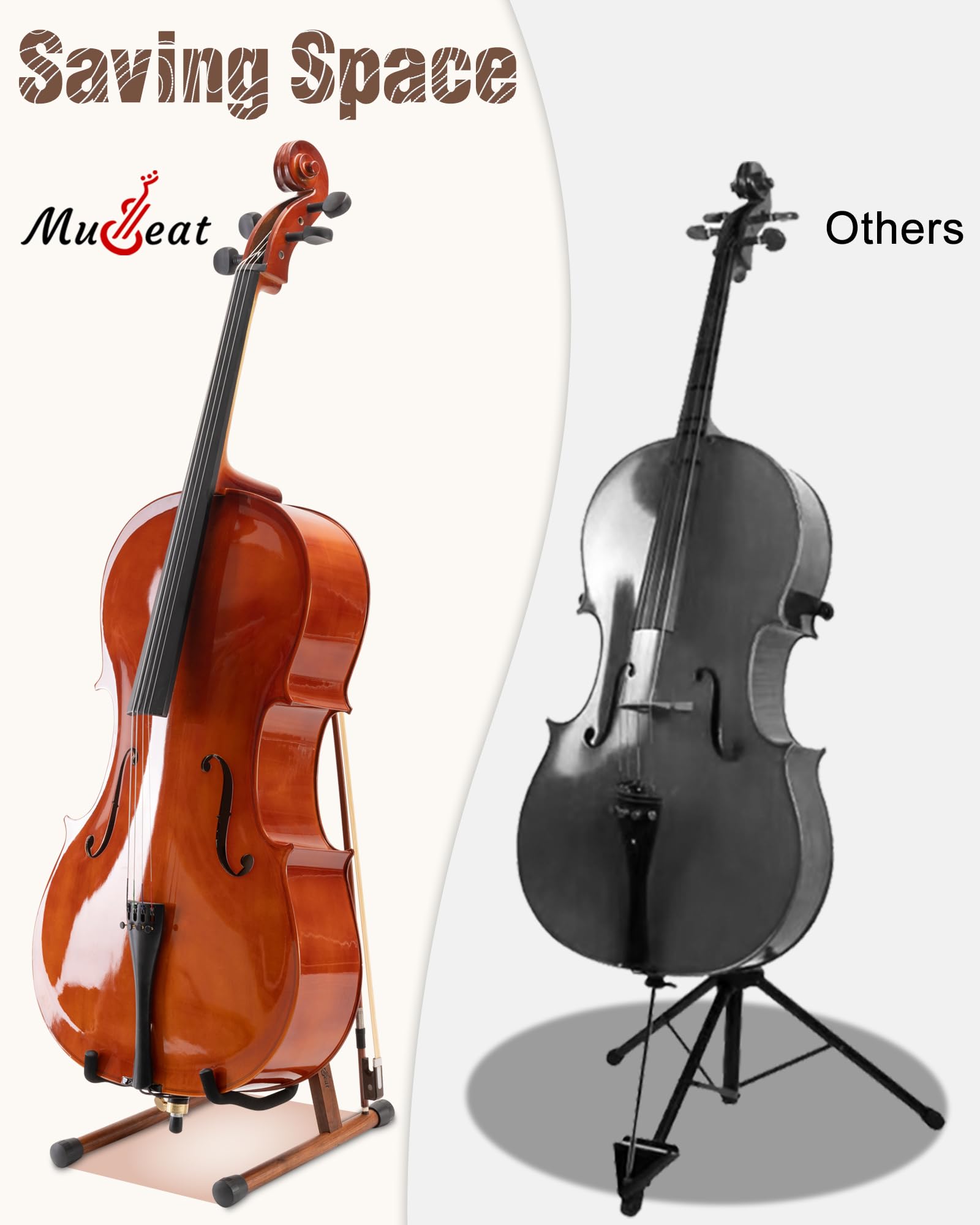 Cello Stand with Bow Holder, Mahogany Wooden A-Shape Floor Stand with Padded Foam, Handcrafted Cello Rack Fits 1/2, 3/4, 7/8, 4/4 Full-Size and Guitar, Instrument Holder for Home and Studio Display