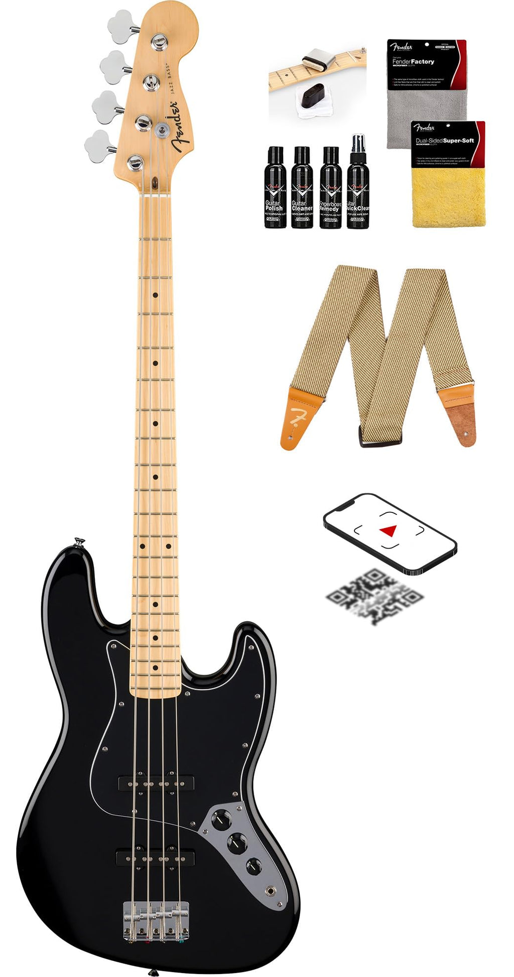 Fender Standard Jazz Bass - Olympic White Bundle with Strap, Guitar Cleaning Kit and Austin Bazaar Instructional Video