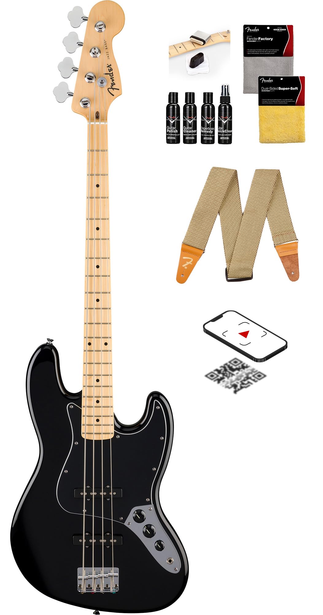 Fender Standard Jazz Bass - Olympic White Bundle with Strap, Guitar Cleaning Kit and Austin Bazaar Instructional Video