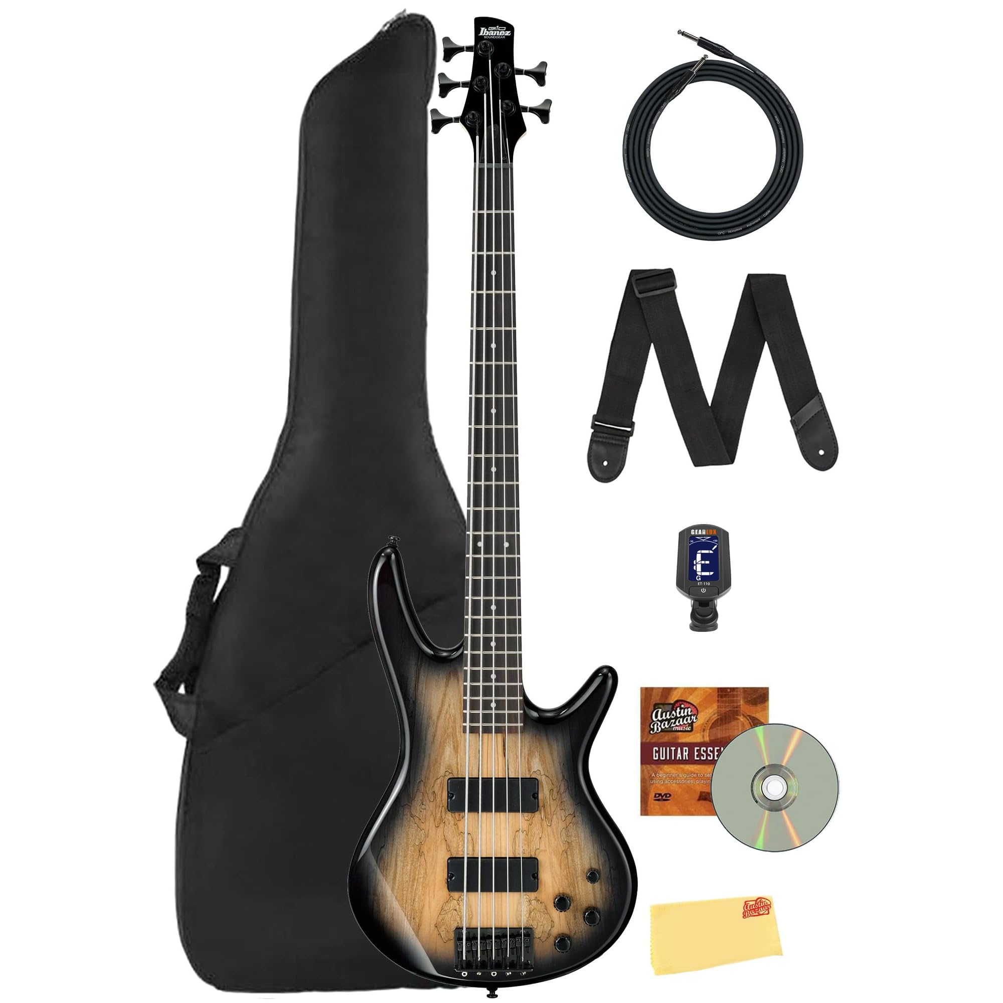Ibanez GSR205B SR Gio 5-String Bass Guitar - Walnut Flat Bundle with Gig Bag, Tuner, Strap, Cable, Austin Bazaar Instructional DVD, and Polishing Cloth