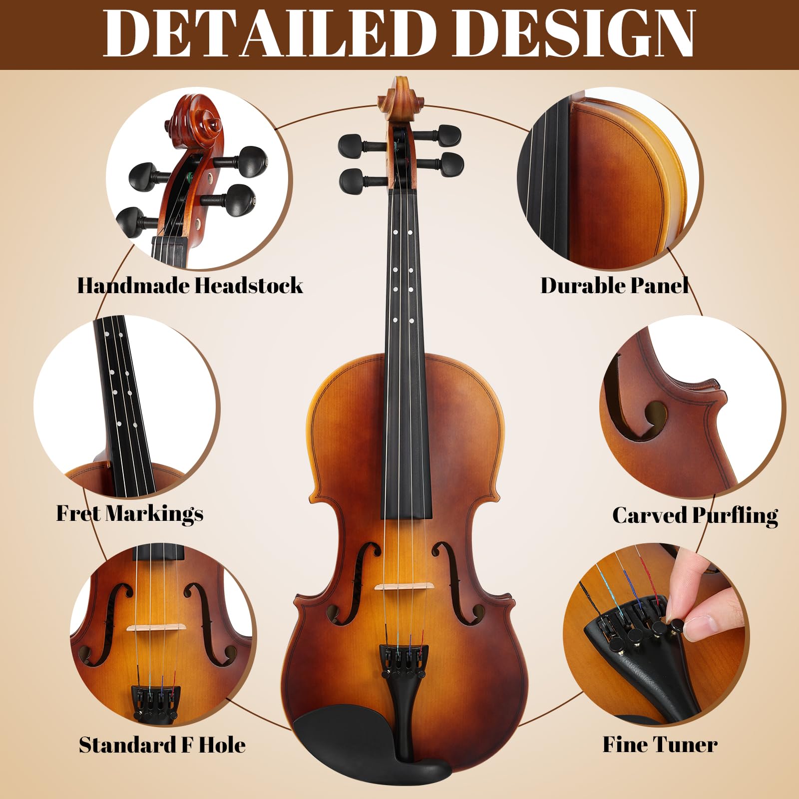 Kmise Violin 4/4 Full Set, Fingerboard Fret Markings Violins, Matte Acoustic Fiddle for Adults, Beginners, Students with Violin Case, Rosin, Strings, Bow, Shoulder Rest, Beginner's Guide (Matte, 4/4)